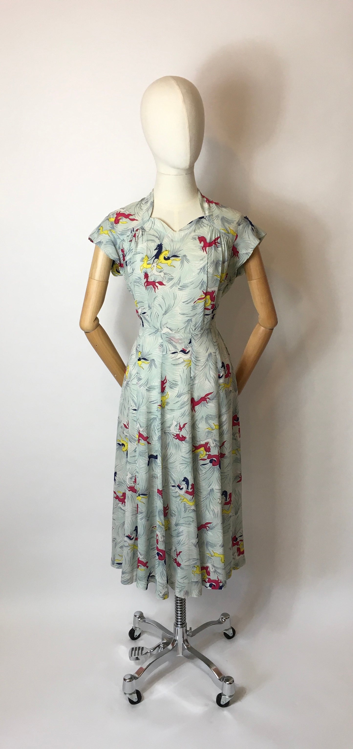 Original 1940’s Dancing Horses Print Dress - In a lovely Sheer Rayon Fabric