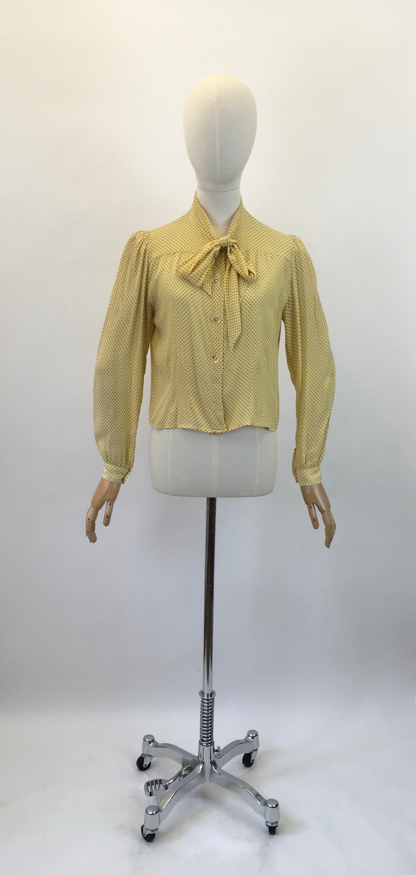 Original 1940's Darling Pussy Bow Blouse - In A Delightful Yellow Polka Dot Crepe