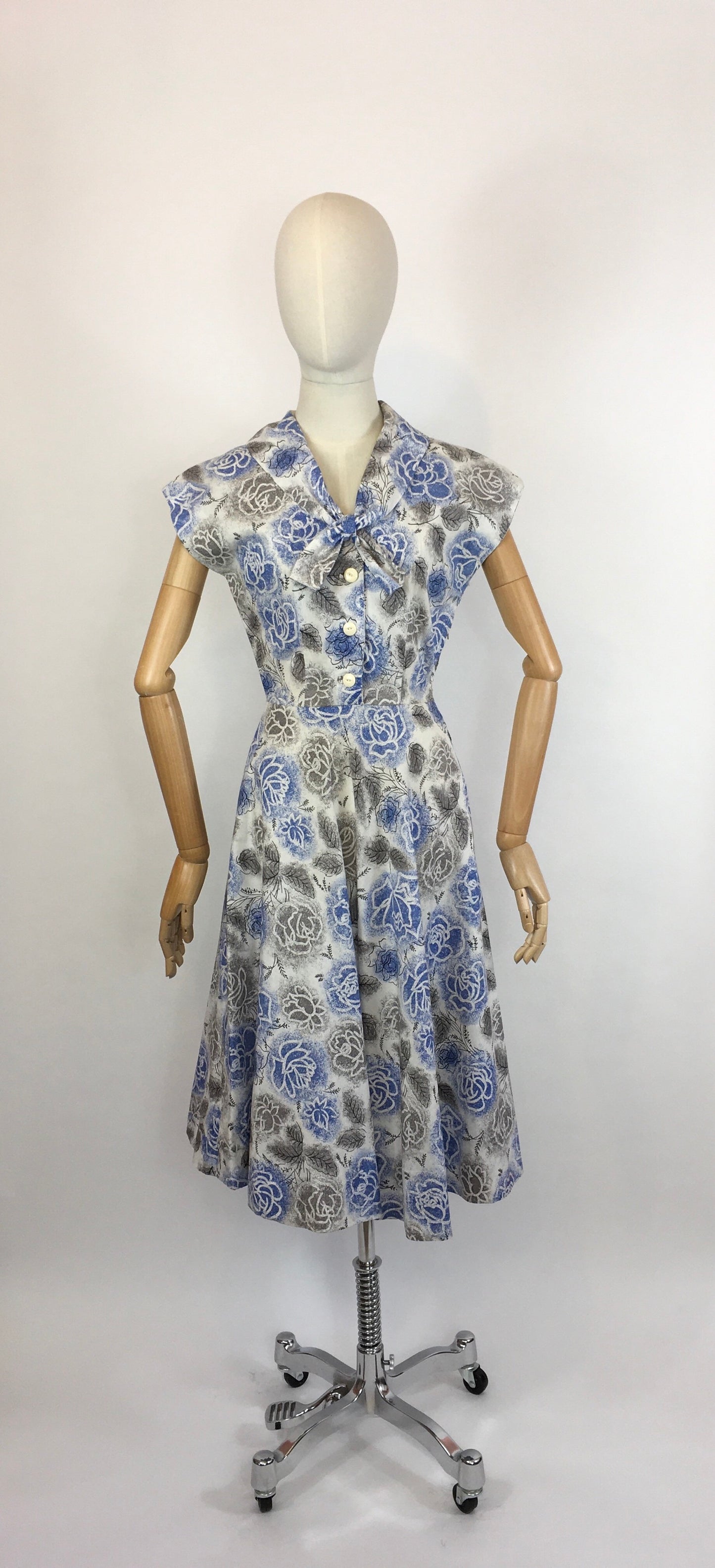 Original late 1940s Floral Dress - In A Crisp Cotton in Soft Greys, Charcoals and Blues