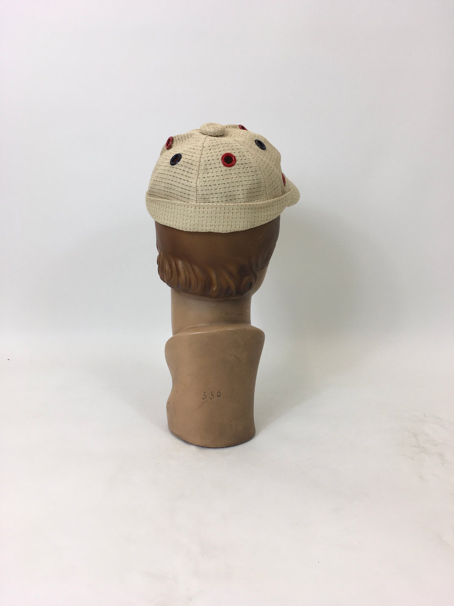 Vintage 1930's Stunning Sports Cap - In A Cream Mesh Fabric With Metal Eyelets in Blue & Red