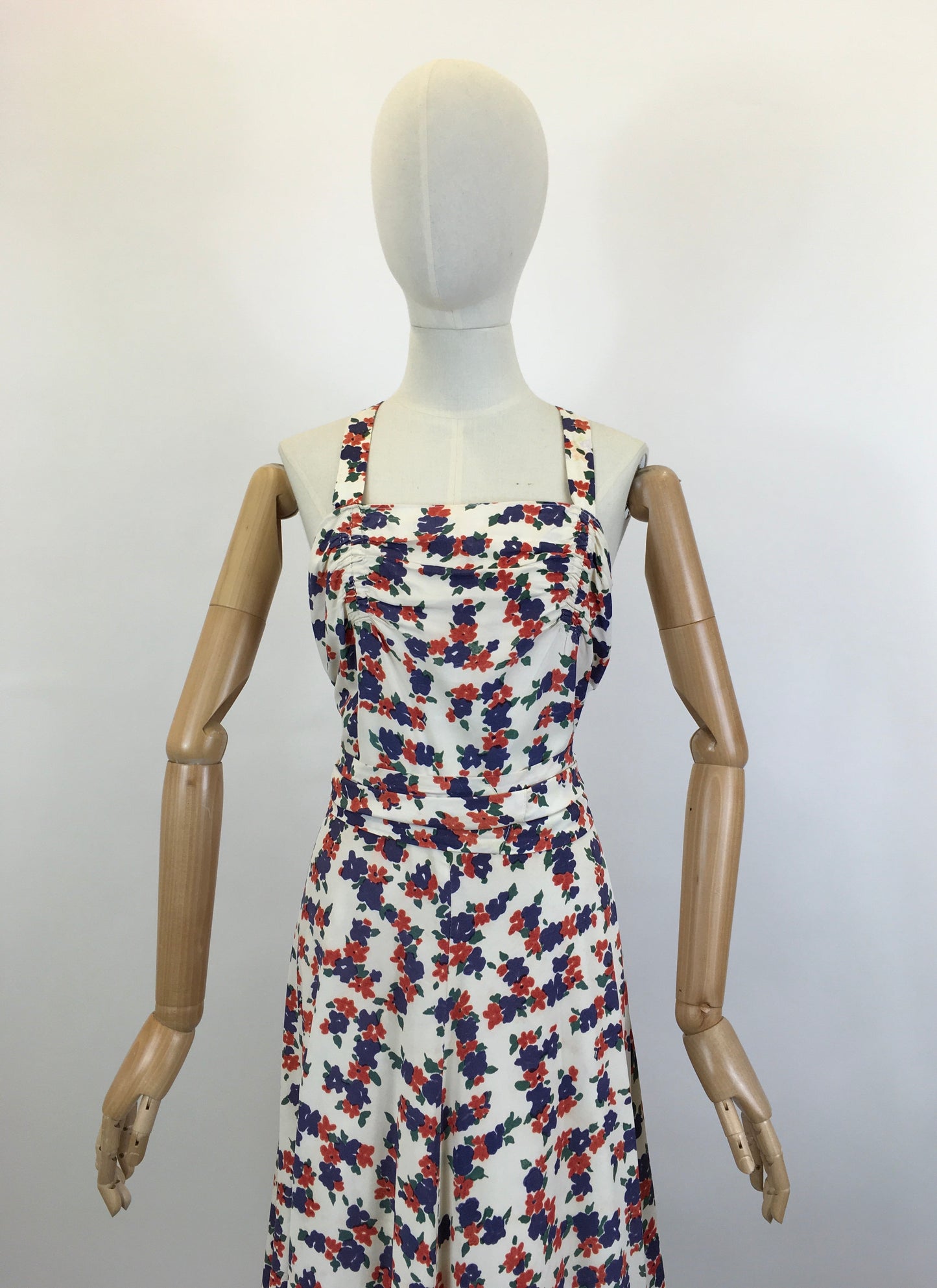 Original Late 1930’s Stunning Evening Gown - Navy & Coral Red Floral Rayon