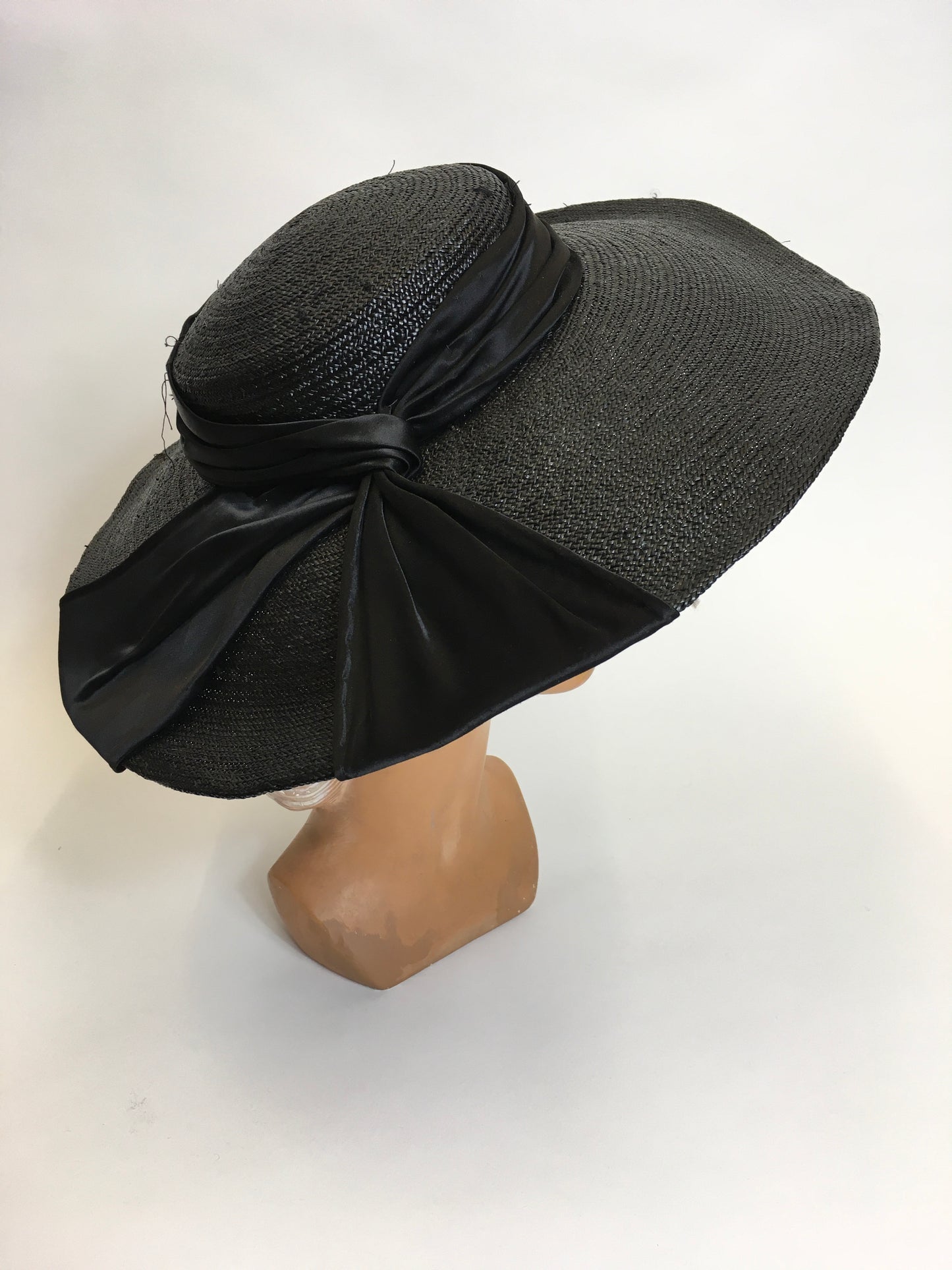 Original 1940’s Black Saucer Hat - ‘ Made In France ‘ With Black Satin Bow Ribboning