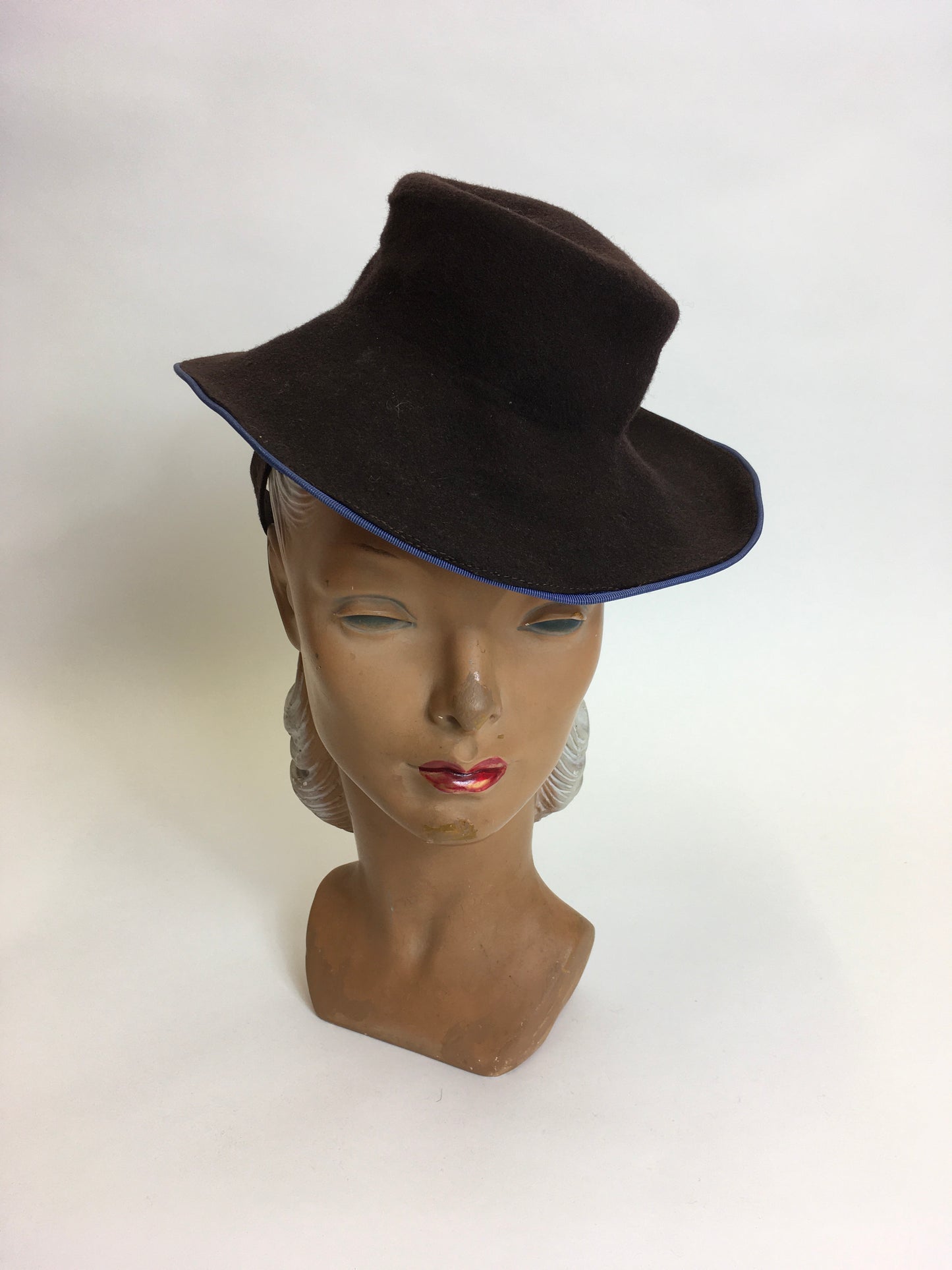 Original 1940’s Brown Felt Topper Hat - Adorned With A Powder Blue Bow
