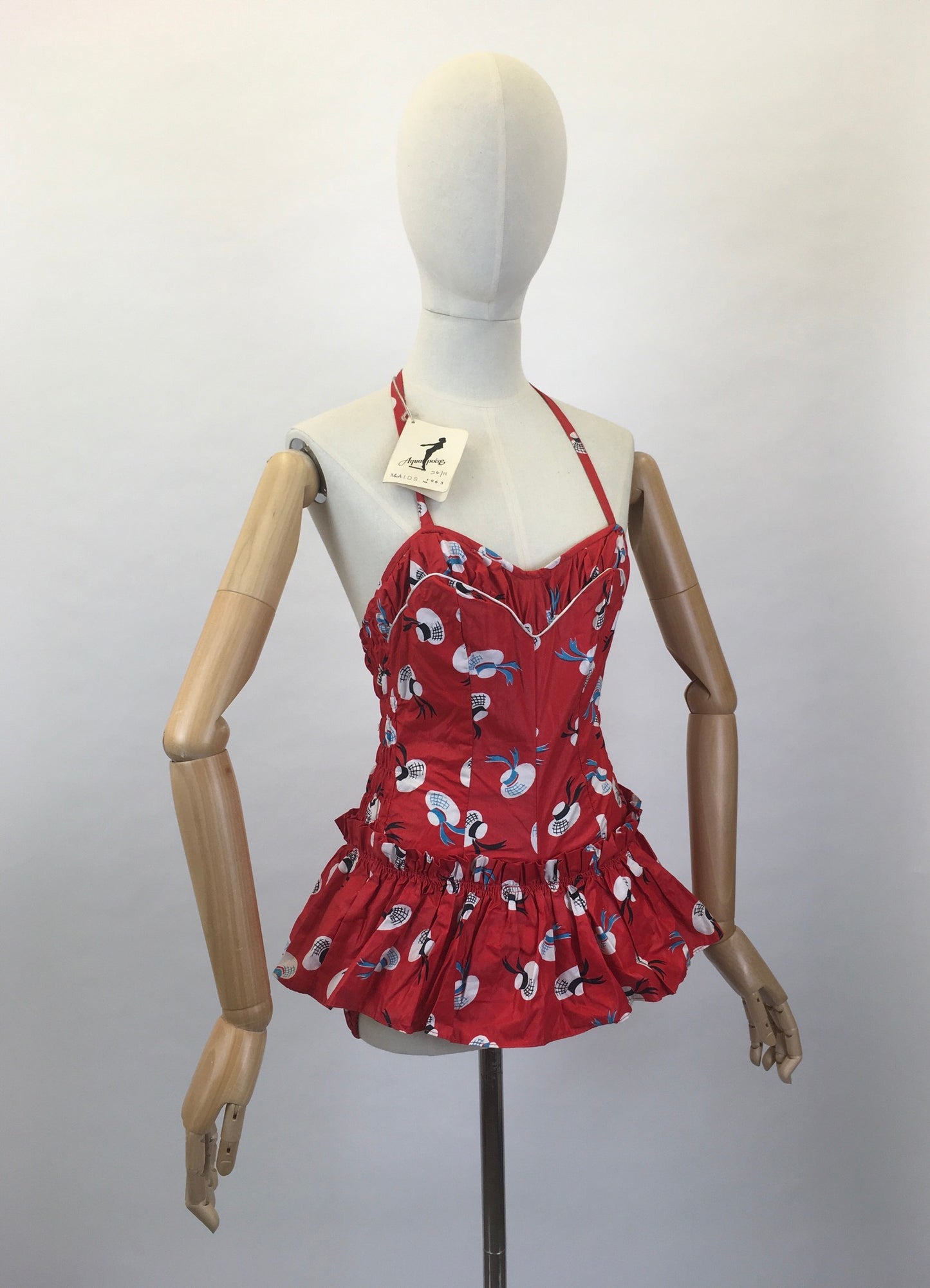 Original 1950s early 1960’s Deadstock ‘ Aquapoise’ Novelty Swimsuit - In a Fabulous Hat Print on Lipstick Red Cotton