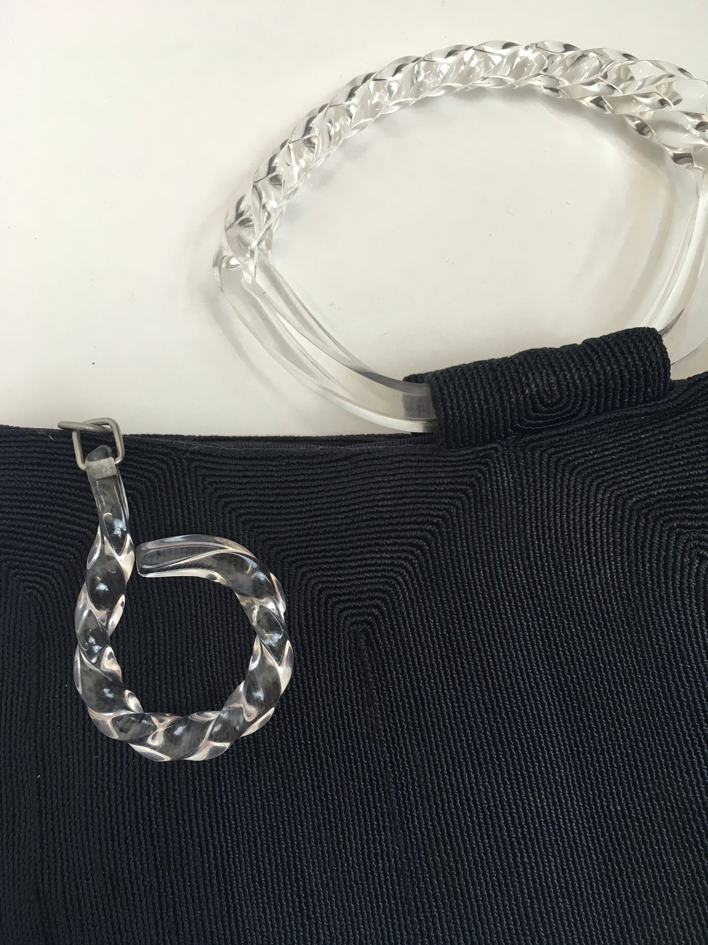 Original 1940’s STUNNING Navy ‘ Corde’ Handbag - With Twisted Lucite Double Handle and Chunky Pull