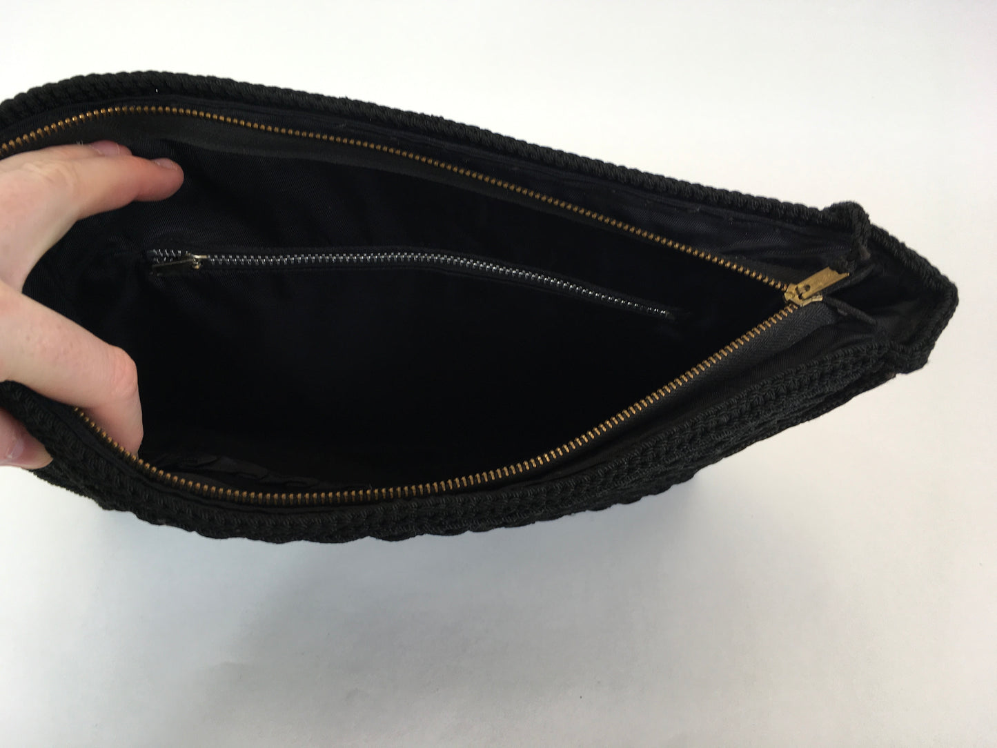 Original 1940’s Beautiful Crochet Clutch Bag in Black - With Large Lucite Pull