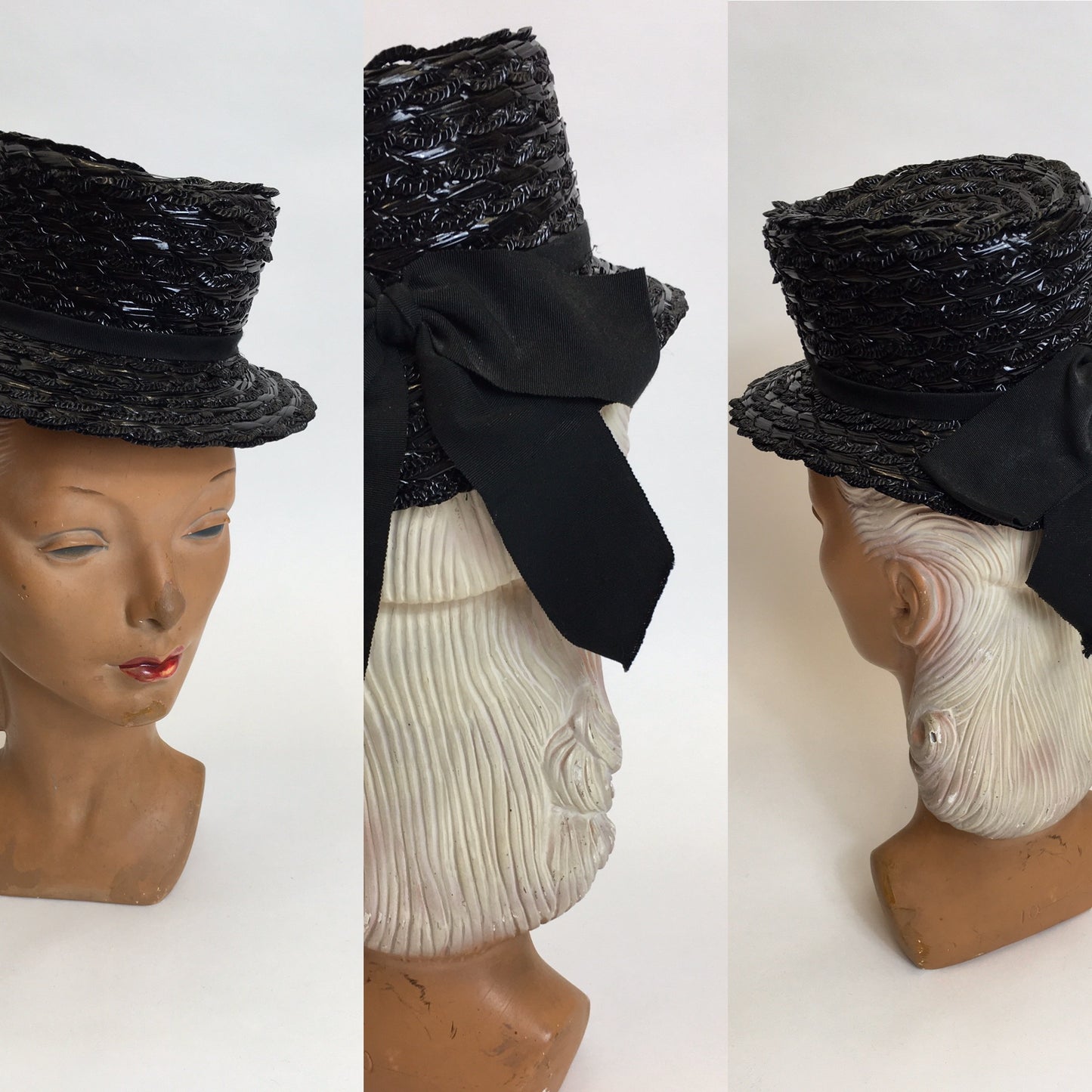 Original 1940’s Black American Topper Hat - Fabulous Iconic Shape With Grosgrain Bow