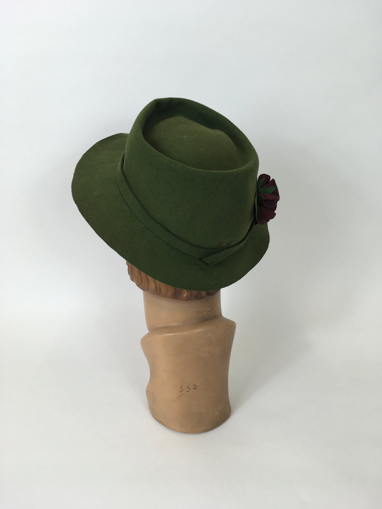Original Late 1930’s / 1940’s Bottle Green Hat - With Bow and Suede Floral Arrangement
