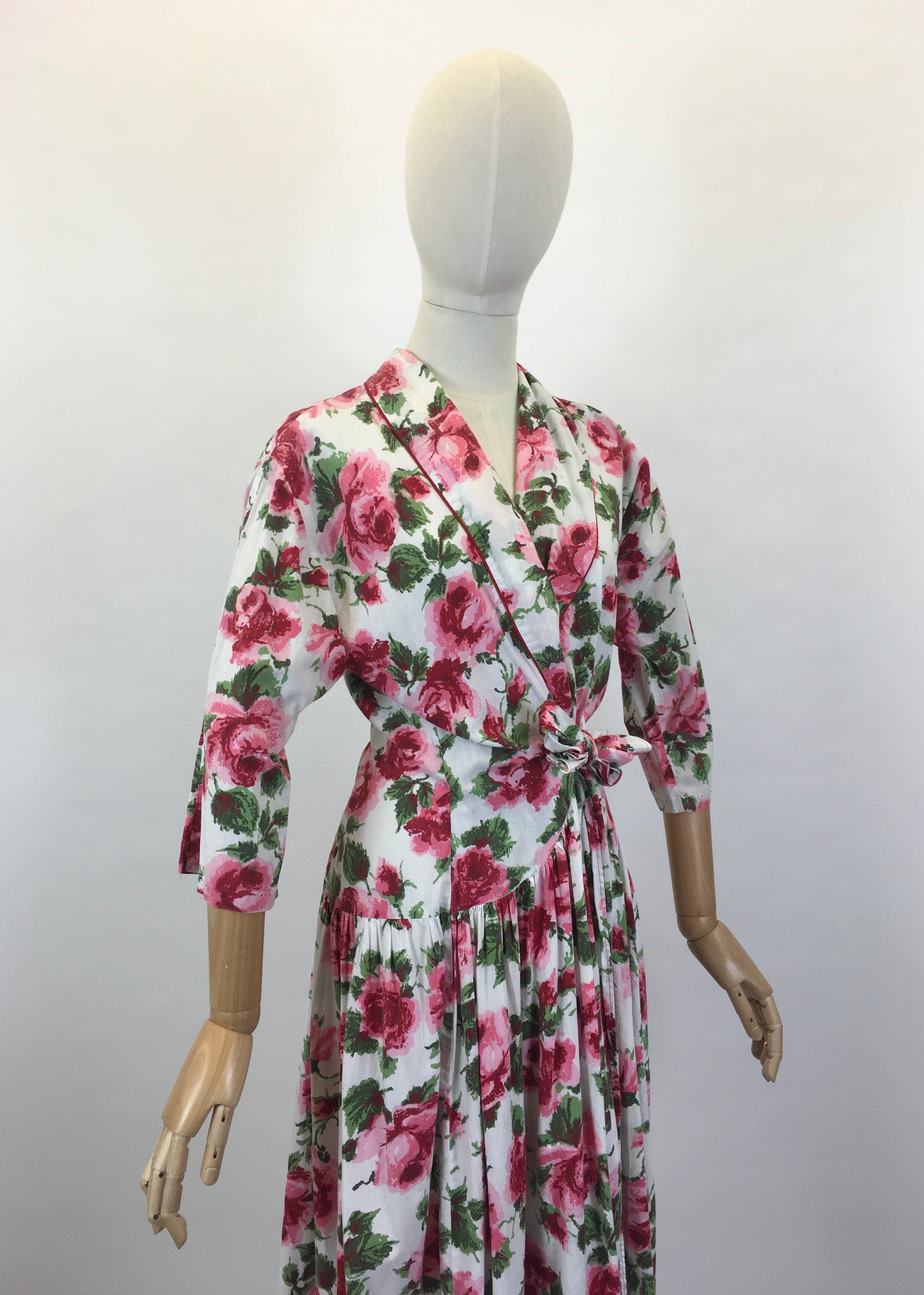 Original 1950’s Darling Wraparound House Dress in A Pink Rose Print - ‘ A Kitchen Formal ‘