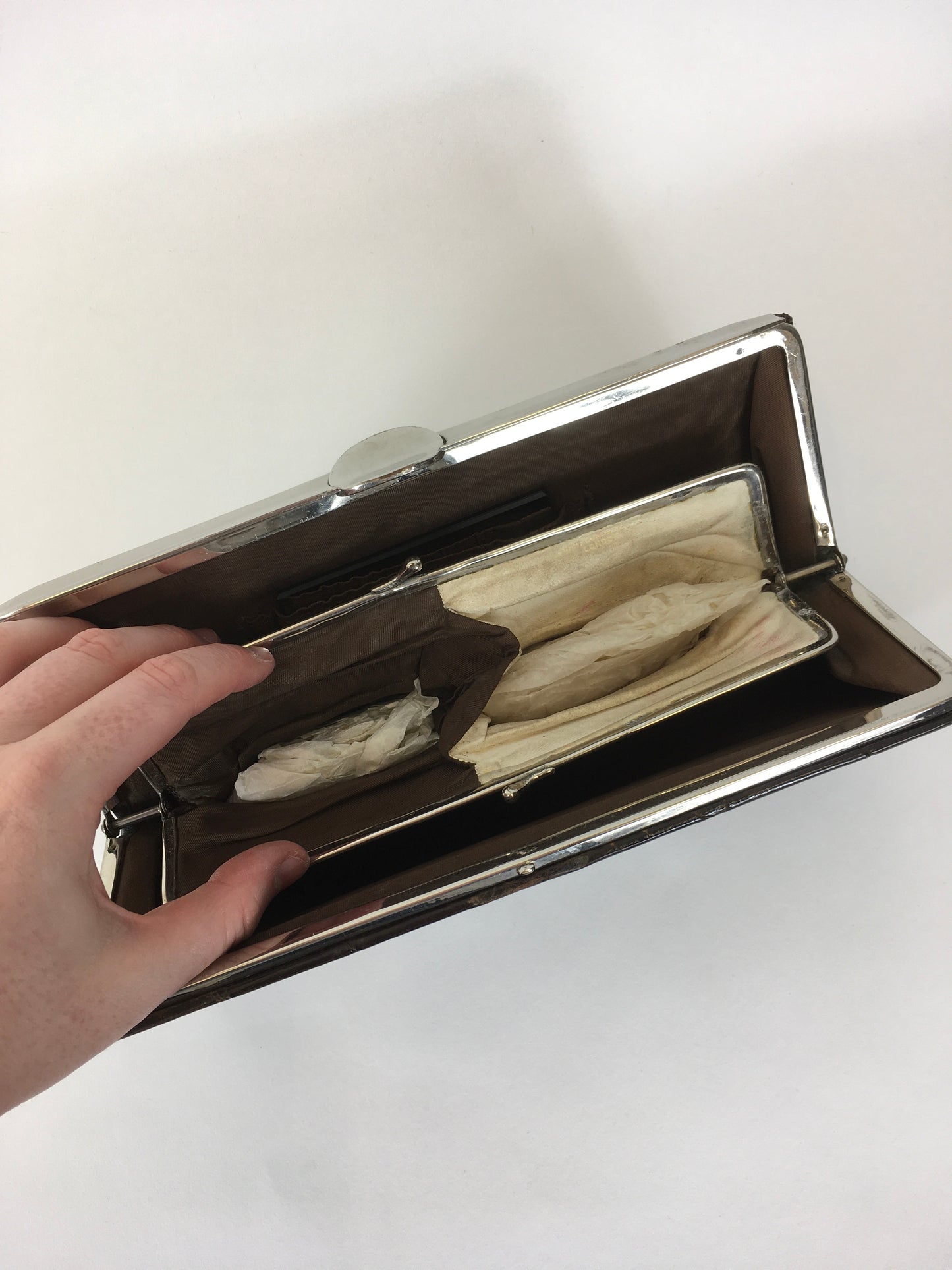 Original 1930’s Deco Crocodile Clutch Handbag - In A Warm Brown with Chrome Detailing