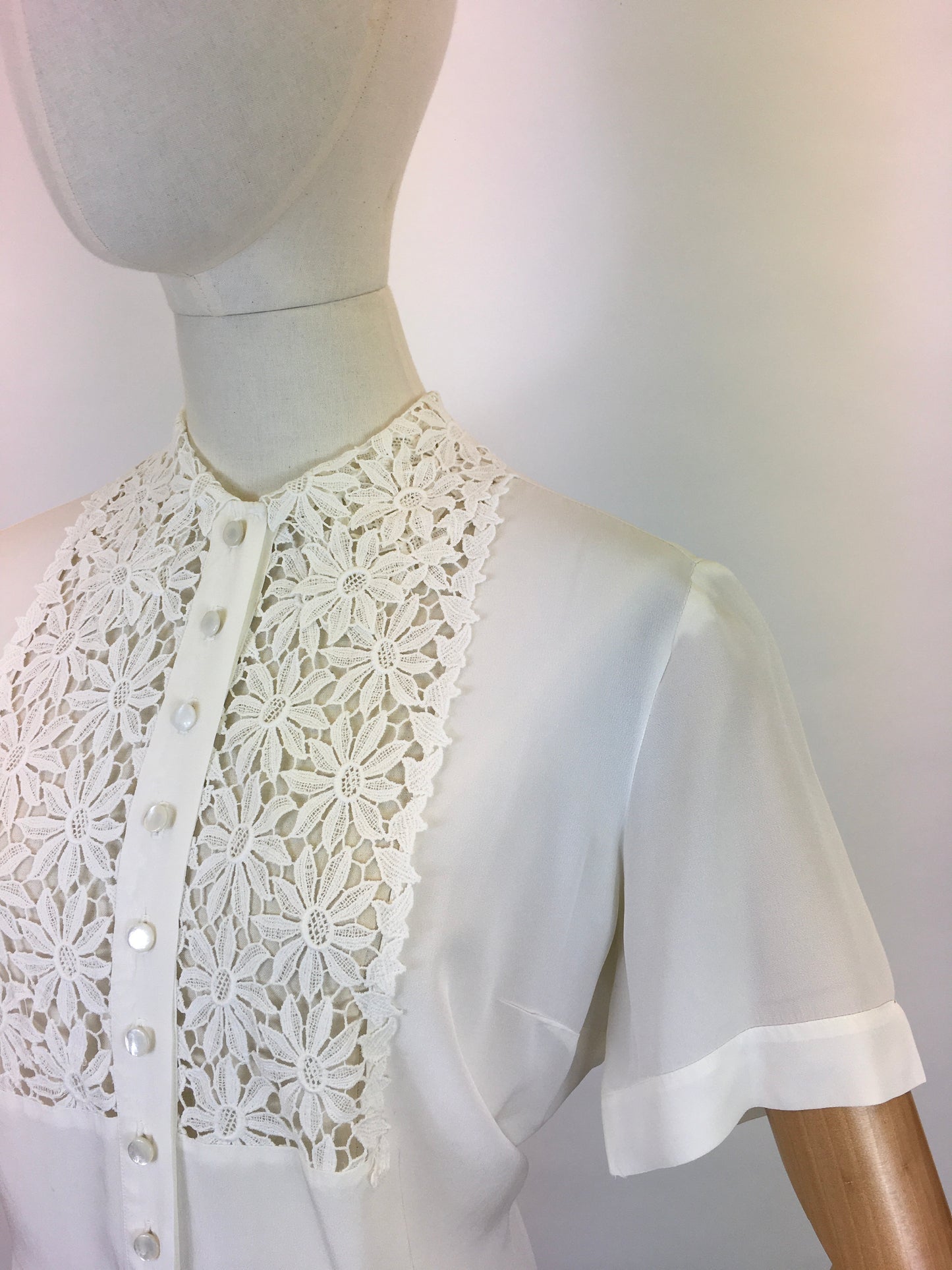 Original 1940’s ‘ Judy Bond’ White Blouse - With Stunning Floral Lace Detailing To The Bodice Panel