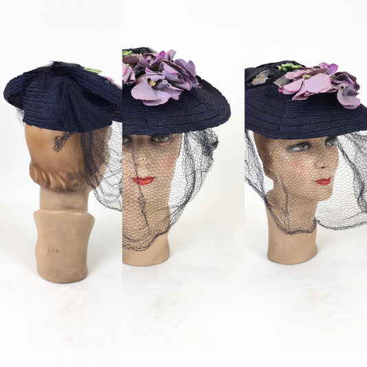 Original 1940's Sensational Navy Straw Tilt Hat - Adorned With Purple Millinery Blooms