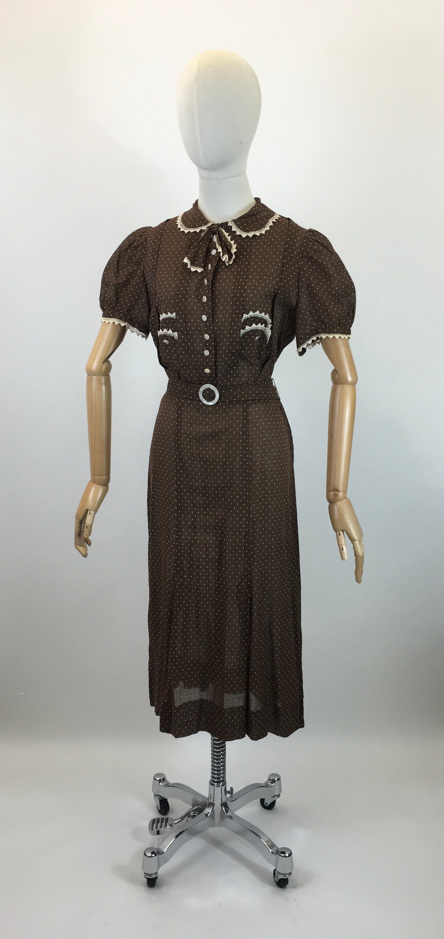 Original 1930's Darling Cotton Lawn Dress - In A Brown & White Polka Dot