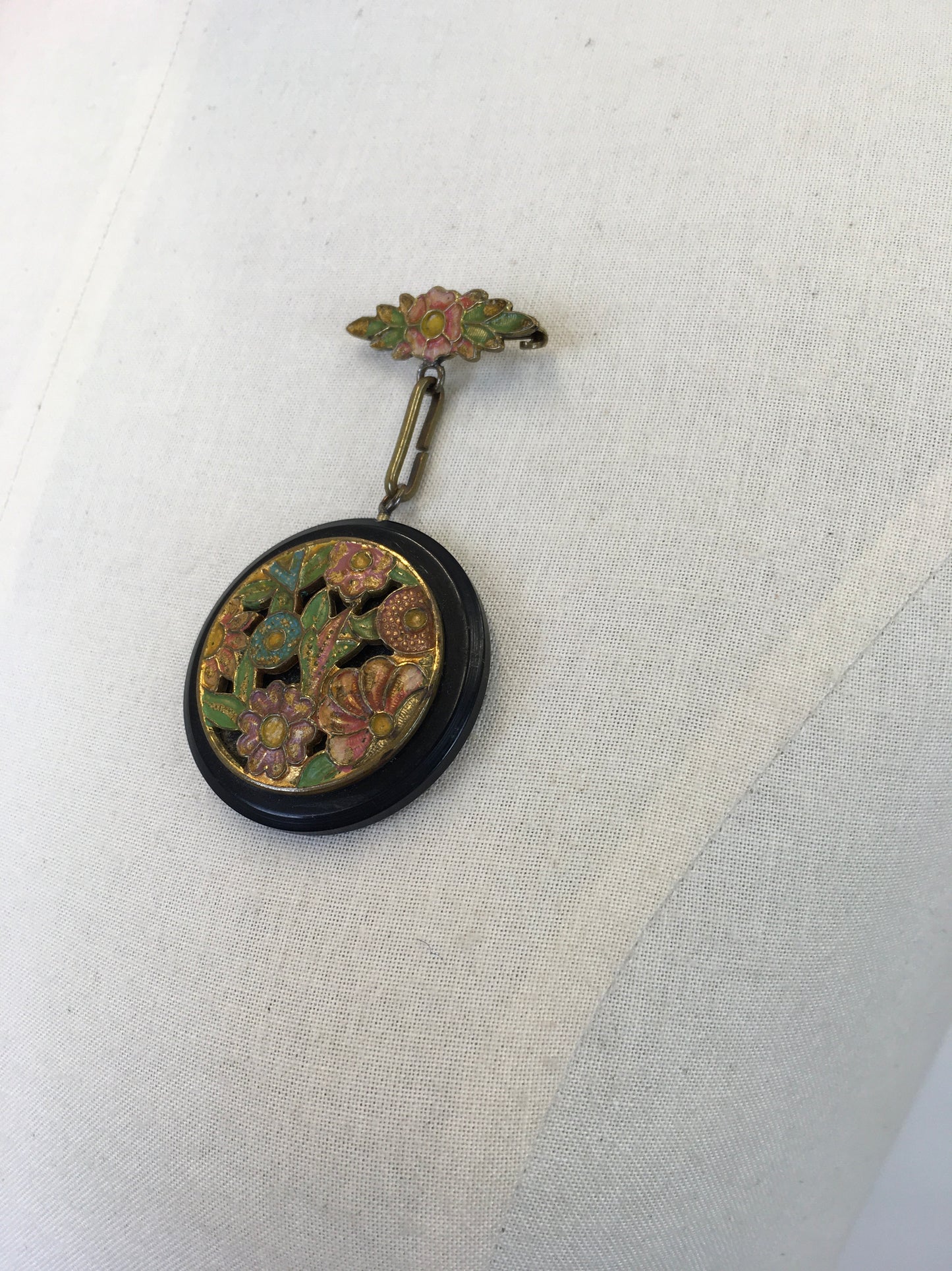 Original 1930’s Dangle Brooch - With Floral Enamel Overlay