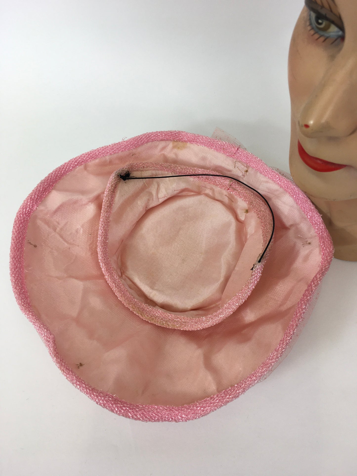 Original 1950’s Darling Powder Pink Platter Hat - With Attached Polka Dot Veiling and Bow