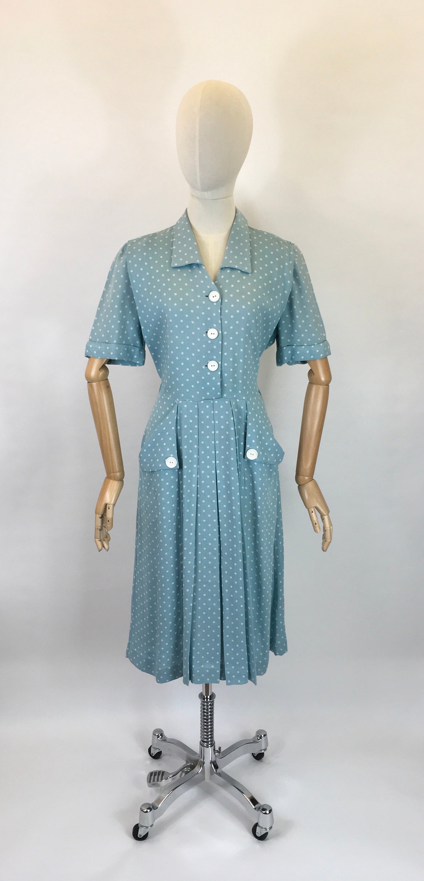 Original 1940’s STUNNING Day Dress - In A Soft Duck Egg Polka Dot Moygoshal Linen