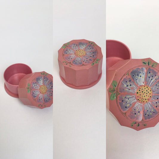 Original 1930s Celluloid Dressing Table Pot - With a Floral Motif In soft Lilac, Muted Yellow and Grassy Greens