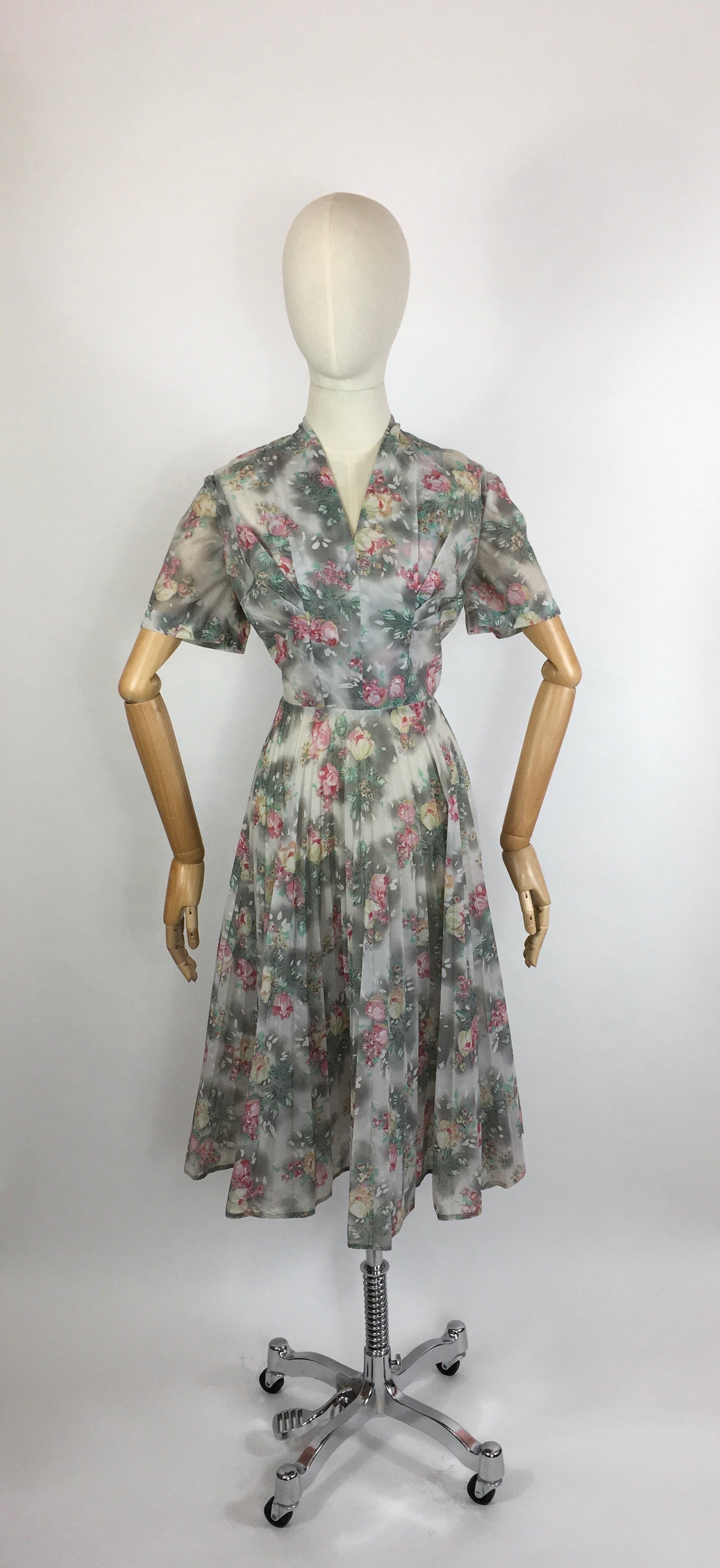 Original 1950s ‘ Eastex ‘ Floral Dress - In a Lovely Muted Colour Pallet of Soft Pinks, Muted Creams, Taupe and Greys