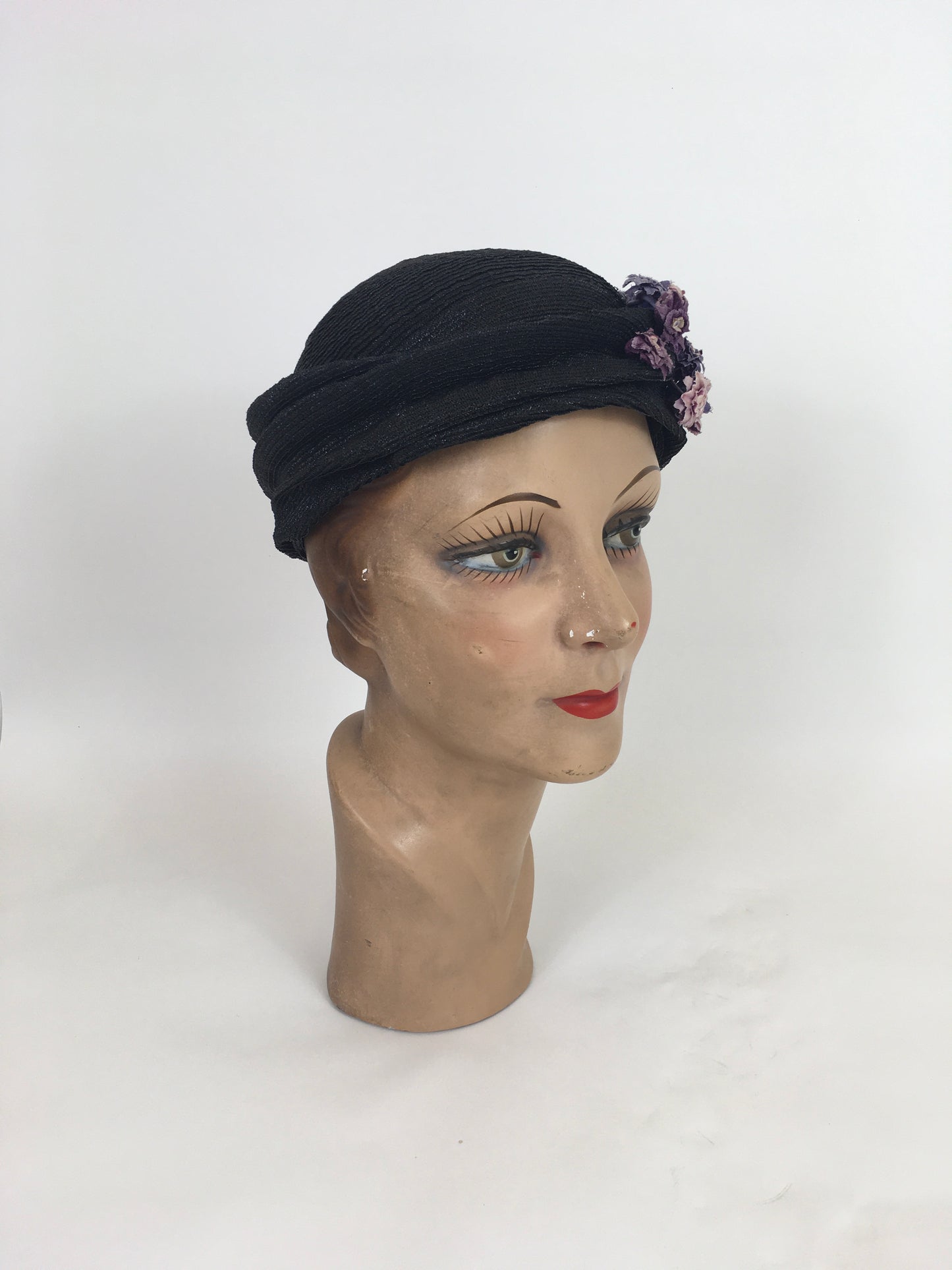 Original 1930’s Amazing Black Straw Hat - Adorned with Soft Mauve, Rich Purples and Violet Velvet Flora