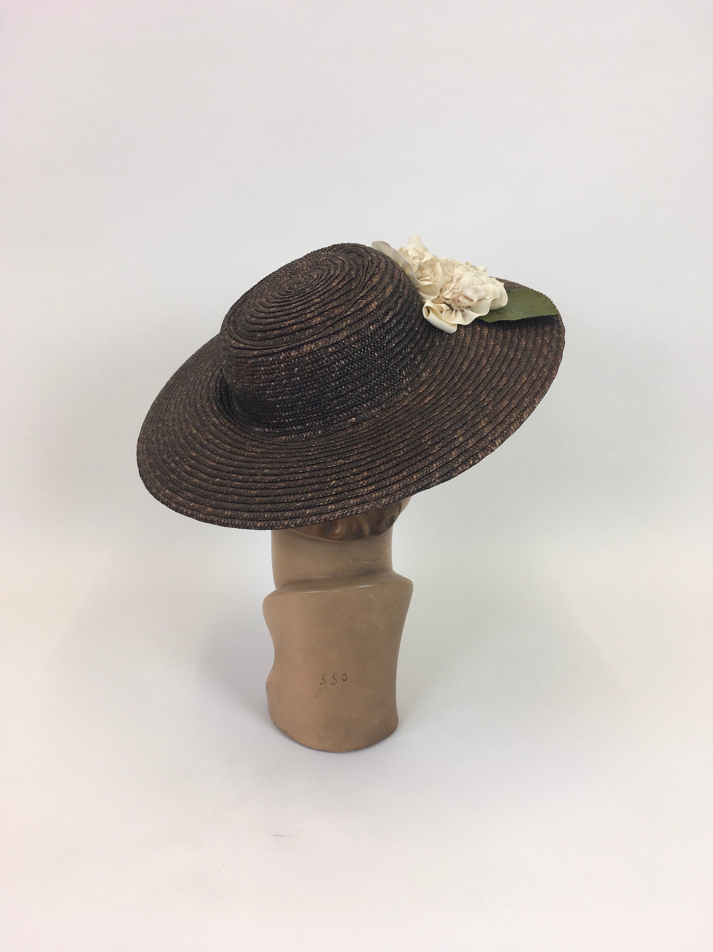 Original Late 1930's Early 1940's Fabulous Brown Straw Hat - With Delicate Cream Floral Millinery