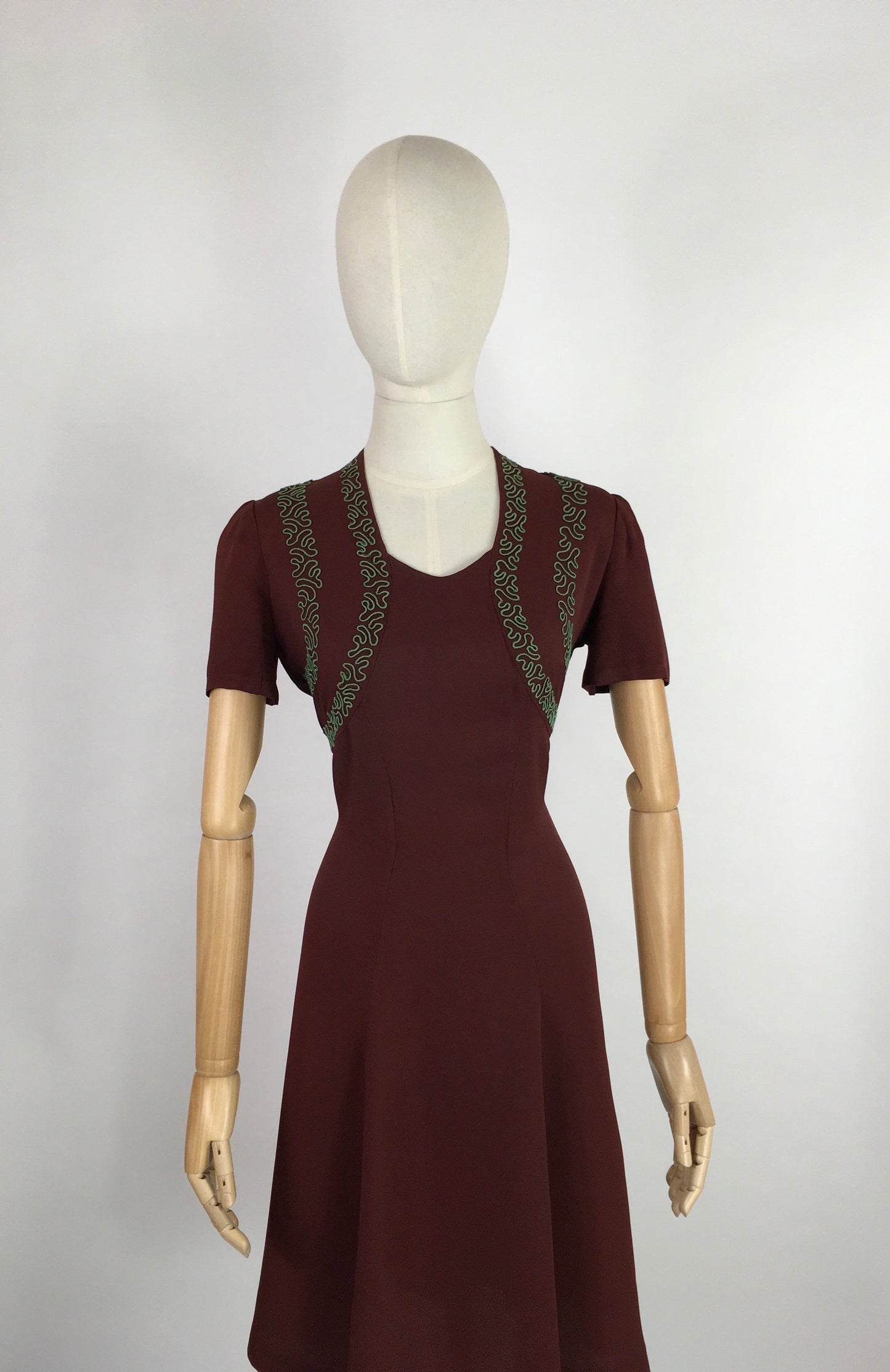 Original 1940’s Day Dress - In A Lovely Brown Crepe With Contrast Green Soutache Detailing