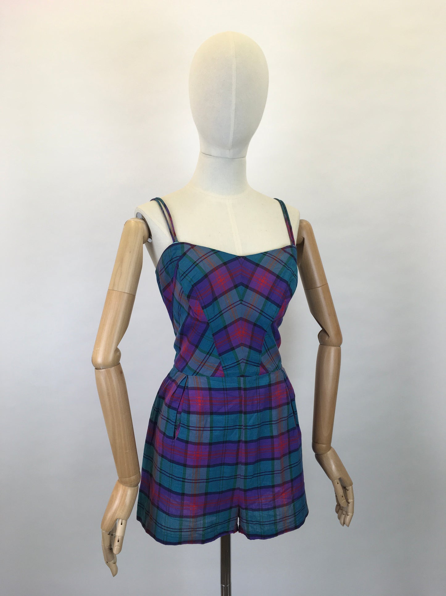 Original 1950s Fabulous Summer Playsuit - In a Gorgeous Plaid With Rich Purple, Reds, Blues and Bottle Greens
