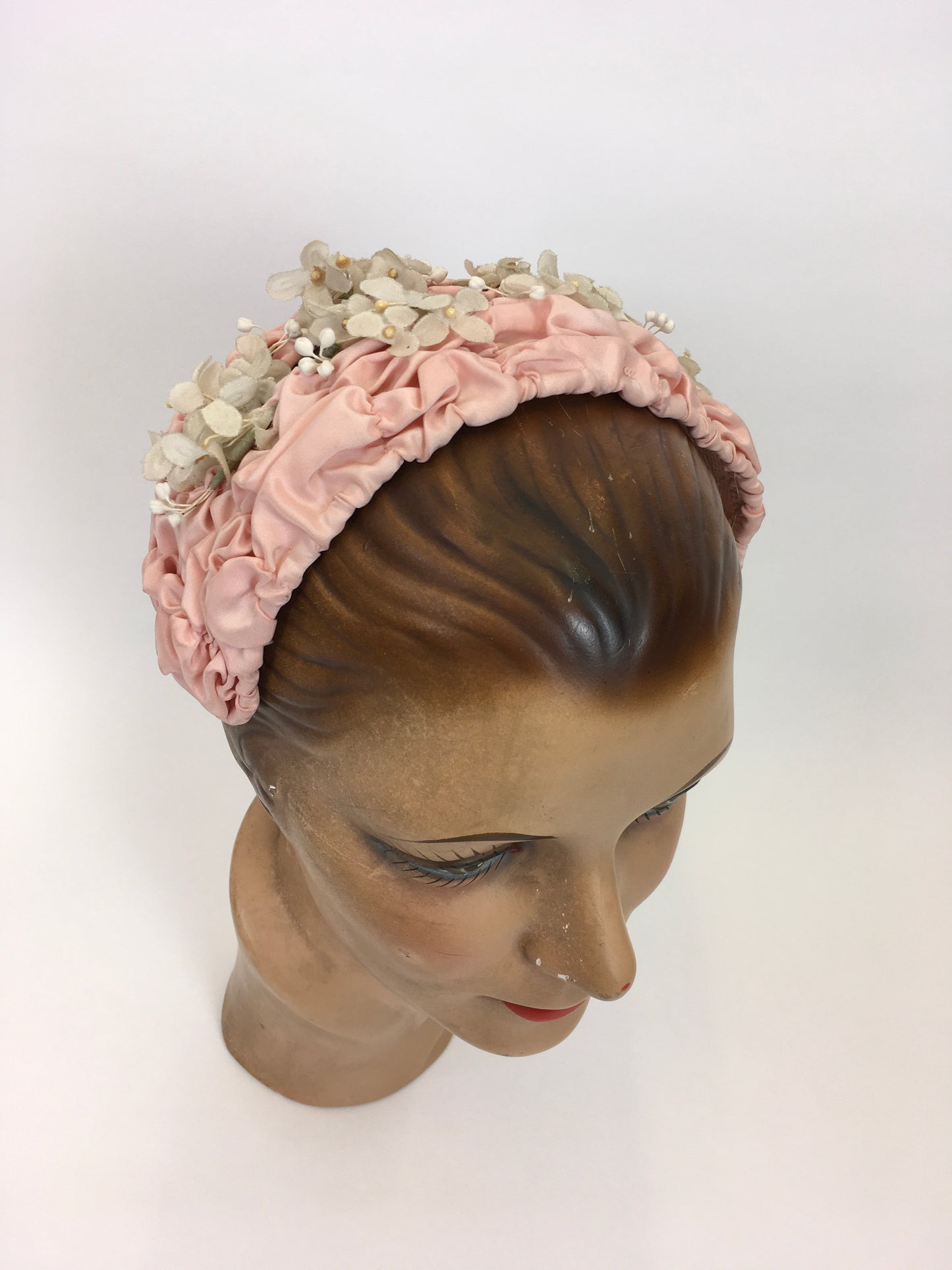 Original 1950s Pink Ruched Headpiece - Adorned with Beautiful Delicate Ivory Florals