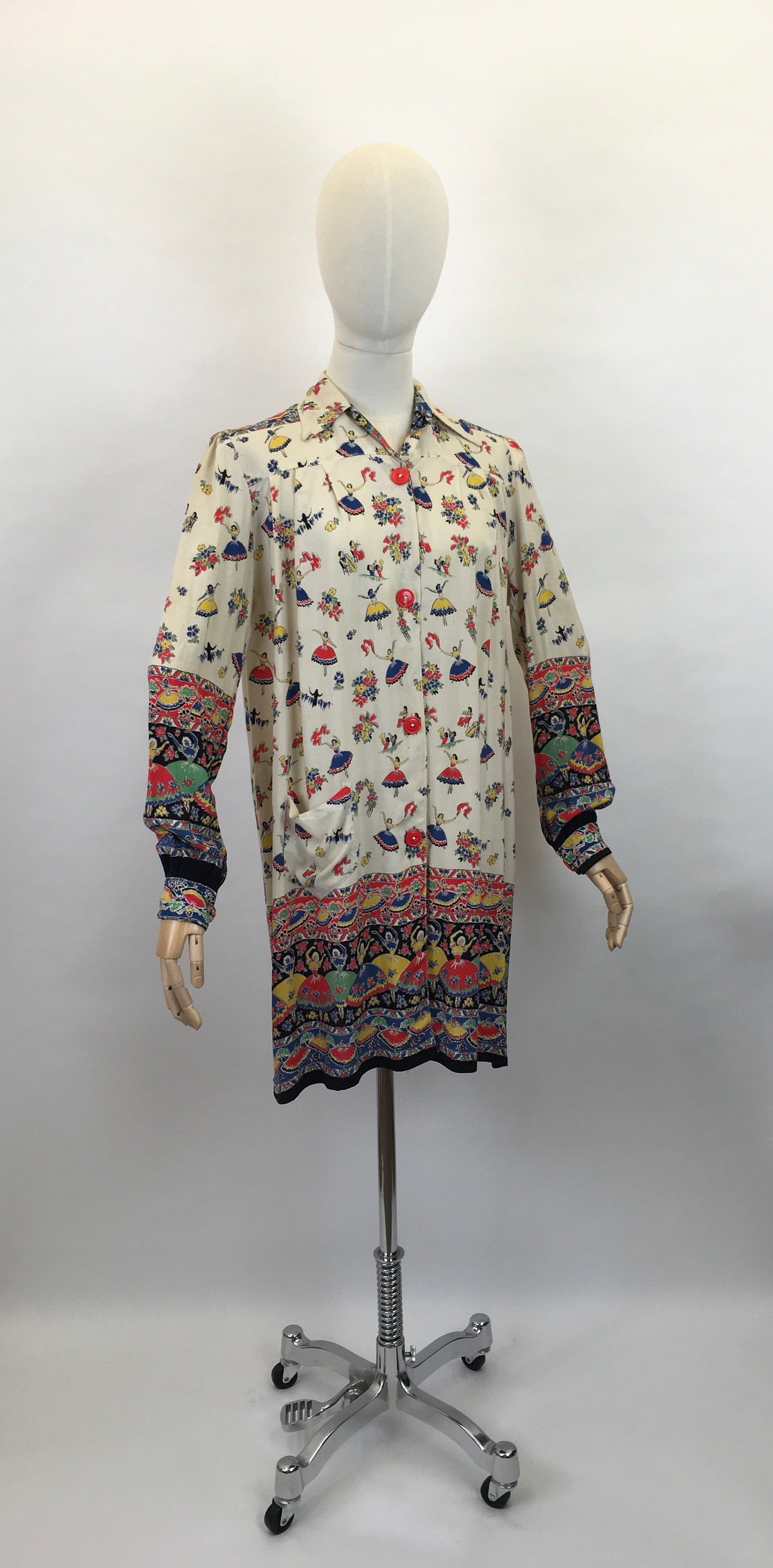 Original 1940s CC41 St. Michael Novelty Print Smock - In Fabulous Dancer Print in Bright Primary Colours