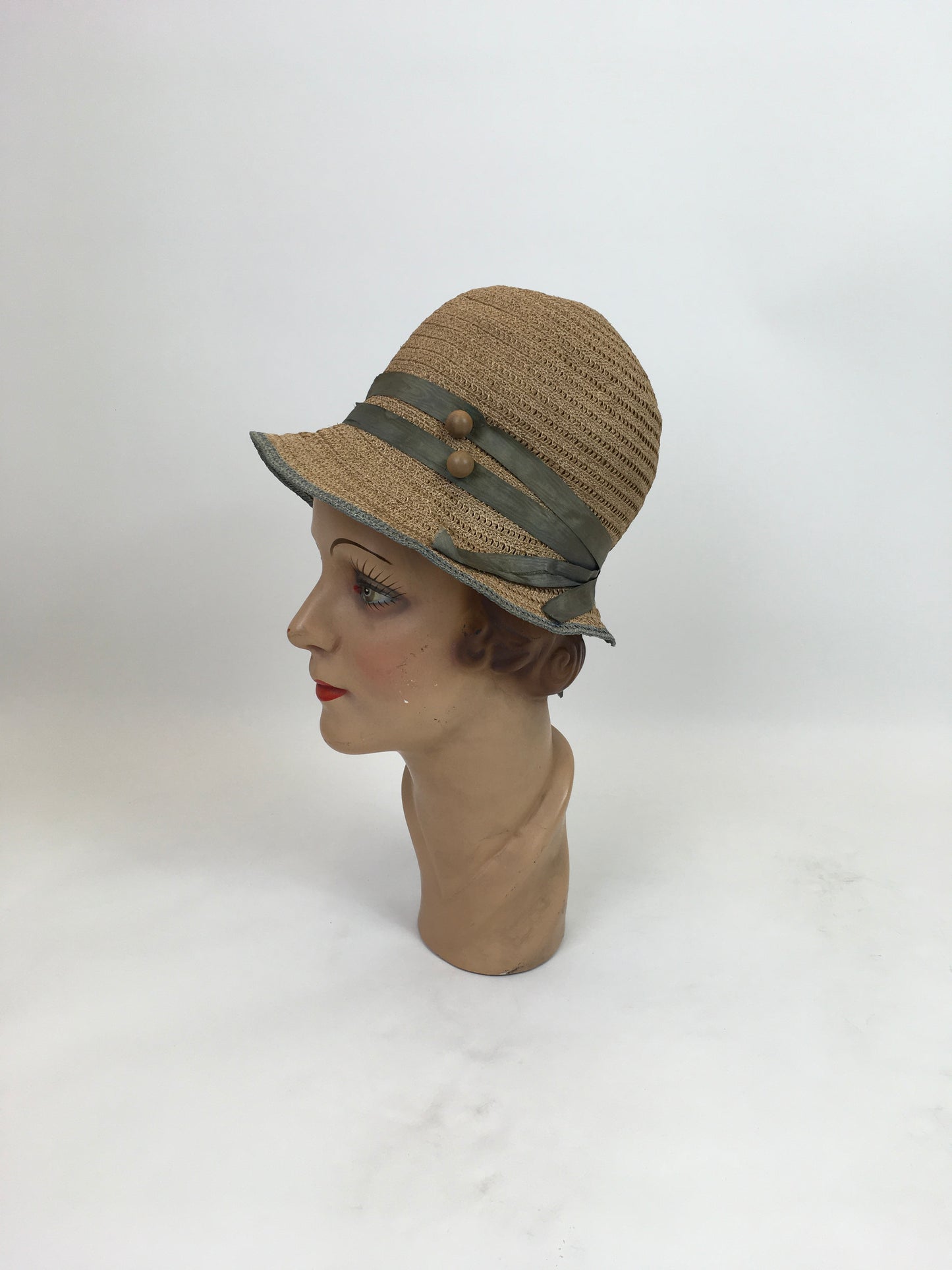 Original 1920's Sublime Natural Sisal Cloche - With Duck Egg Blue Trim and Wooden Ball Embellishment