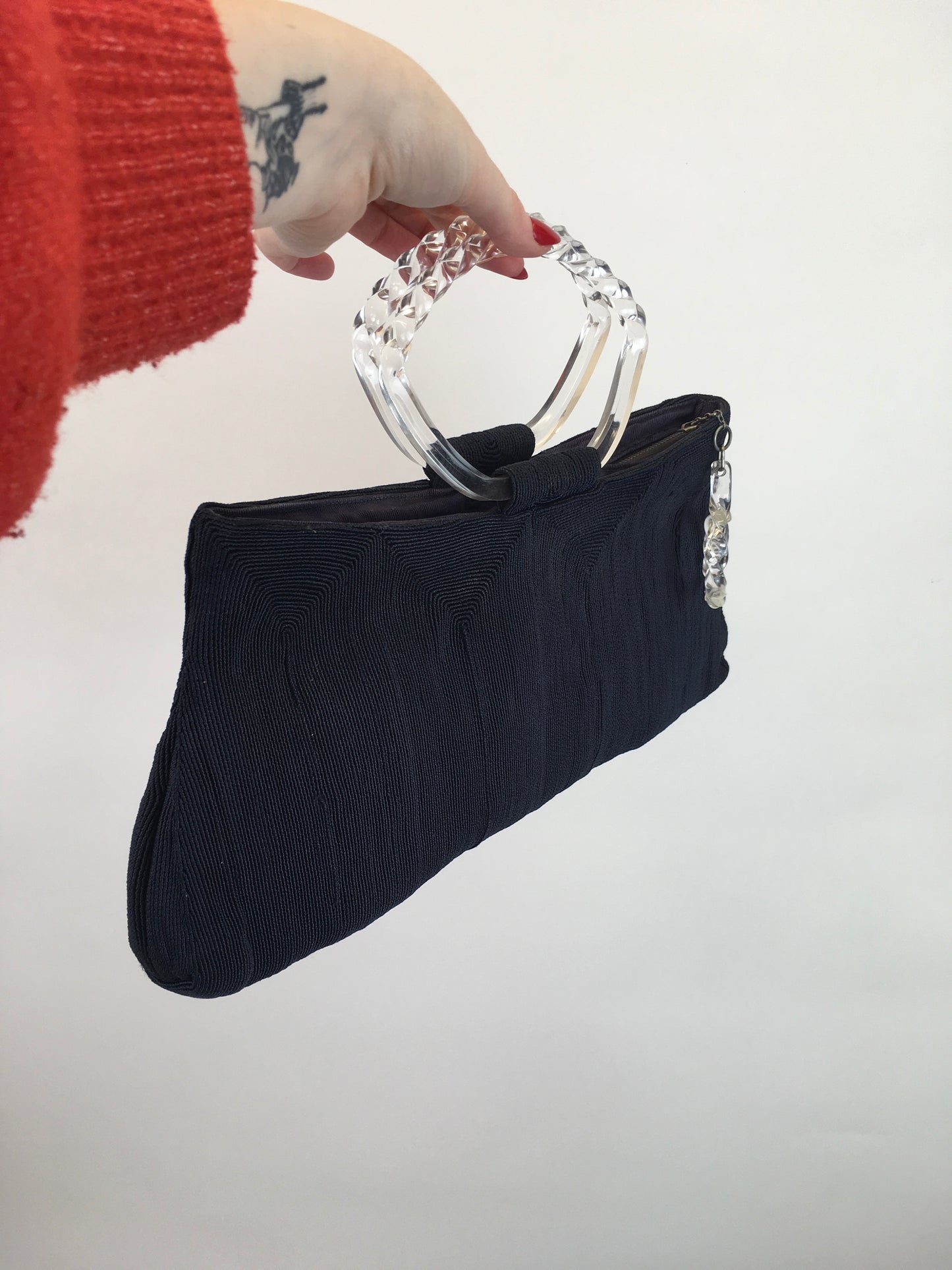 Original 1940’s STUNNING Navy ‘ Corde’ Handbag - With Twisted Lucite Double Handle and Chunky Pull