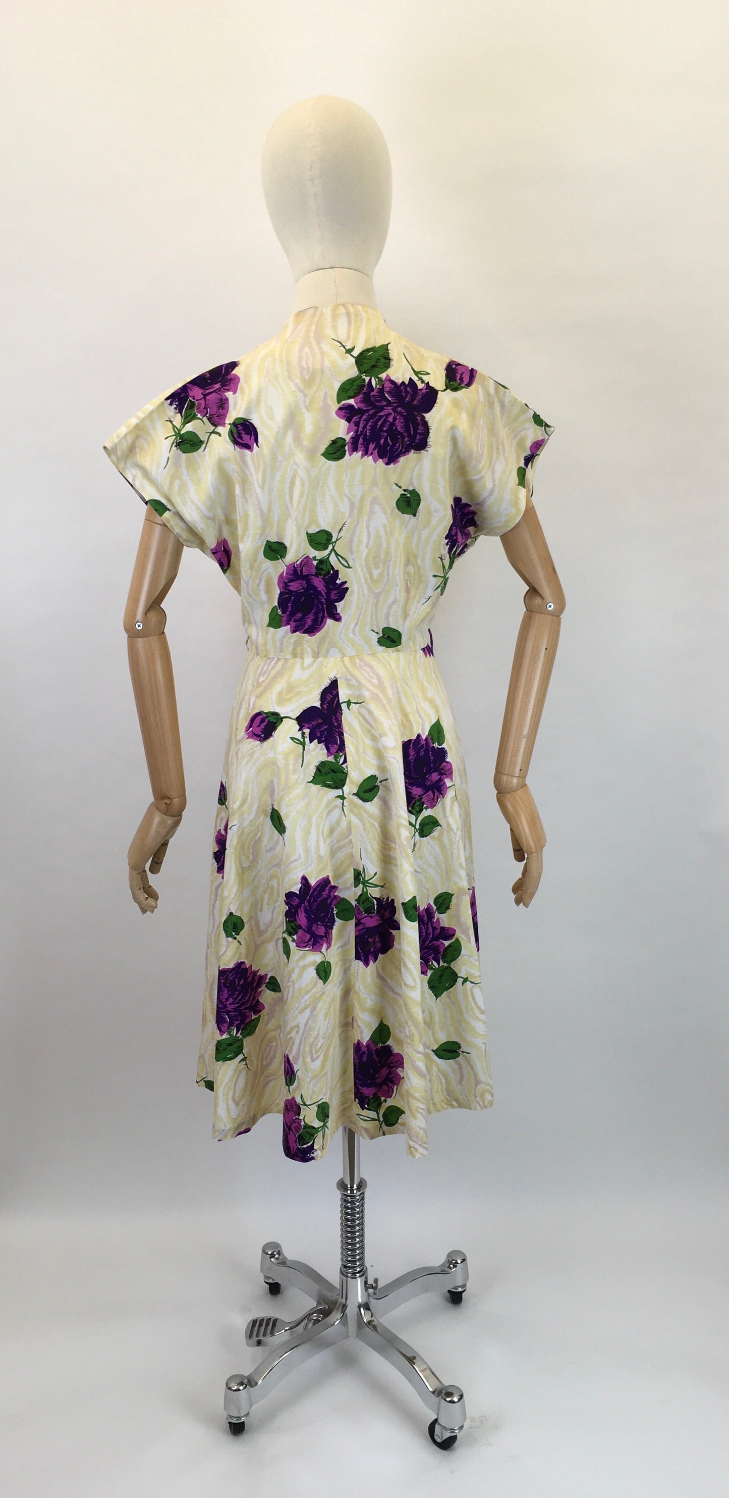 Original 1950s Darling Dress By ‘ Coopella’ - In a Lightweight Cotton In Yellow Swirls with Rich Purple Roses