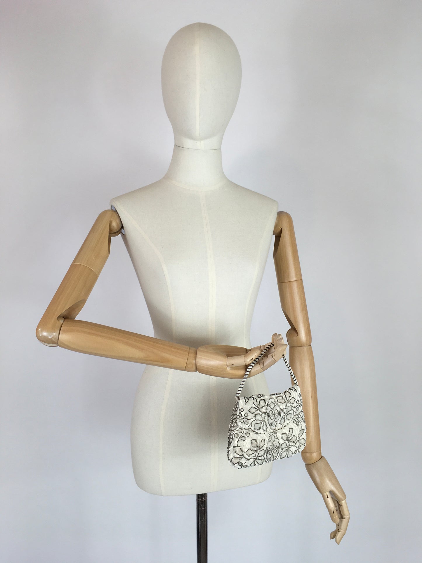 Original 1930s Beaded Evening Bag - With hues of Pastel Blush Pinks, Cornflower Blues and soft Greens on White