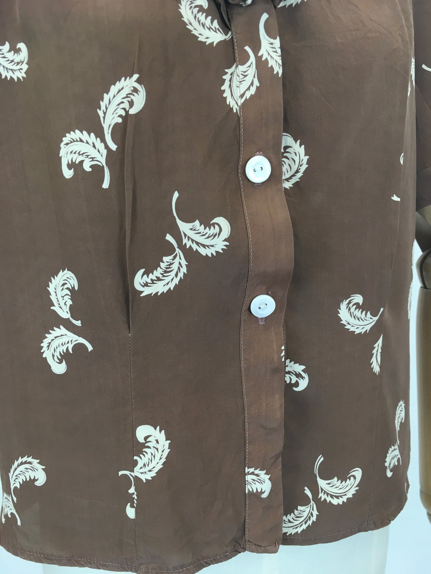 Original 1940’s AS IS Beautiful Rayon Blouse - In a Lovely Brown And White Feather Print
