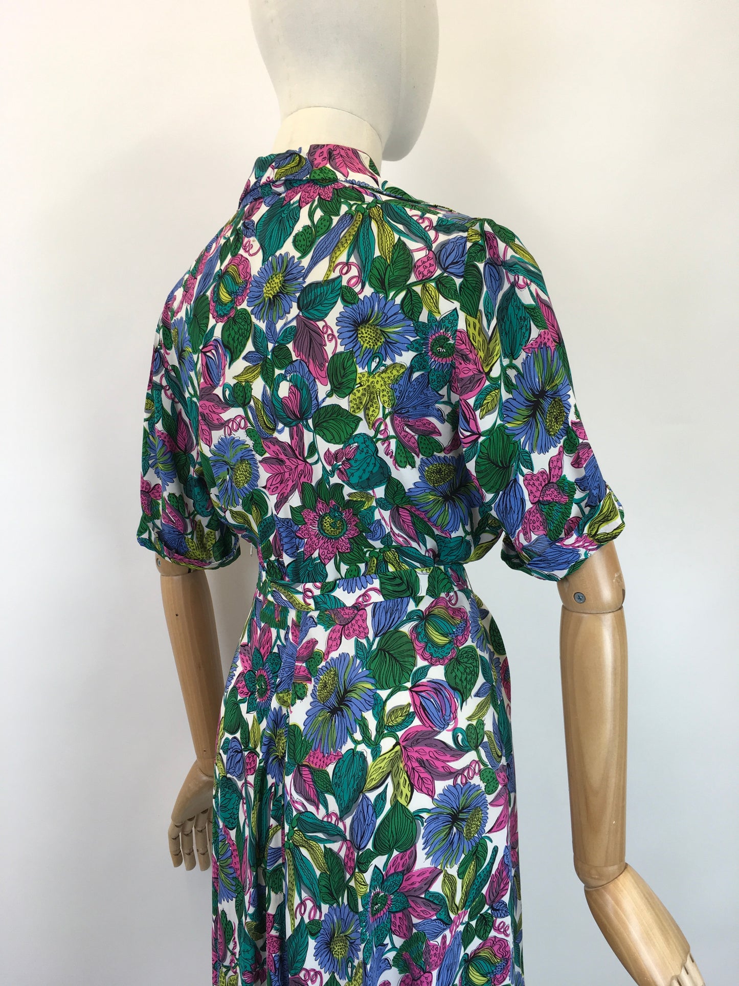 Original 1940's Sensational Floral Rayon Dress - In Fabulous Pops of Greens, Blue, Fuchsia, Chartreuse and Purple