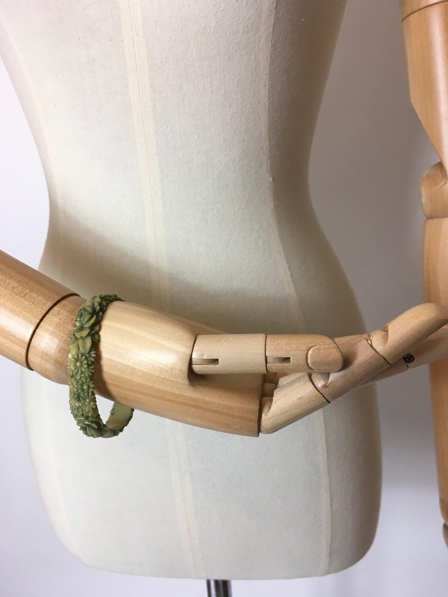 Original 1930’s Carved Floral Celluloid Bangle in Green / Cream - Festival of Vintage Fashion Show Exclusive