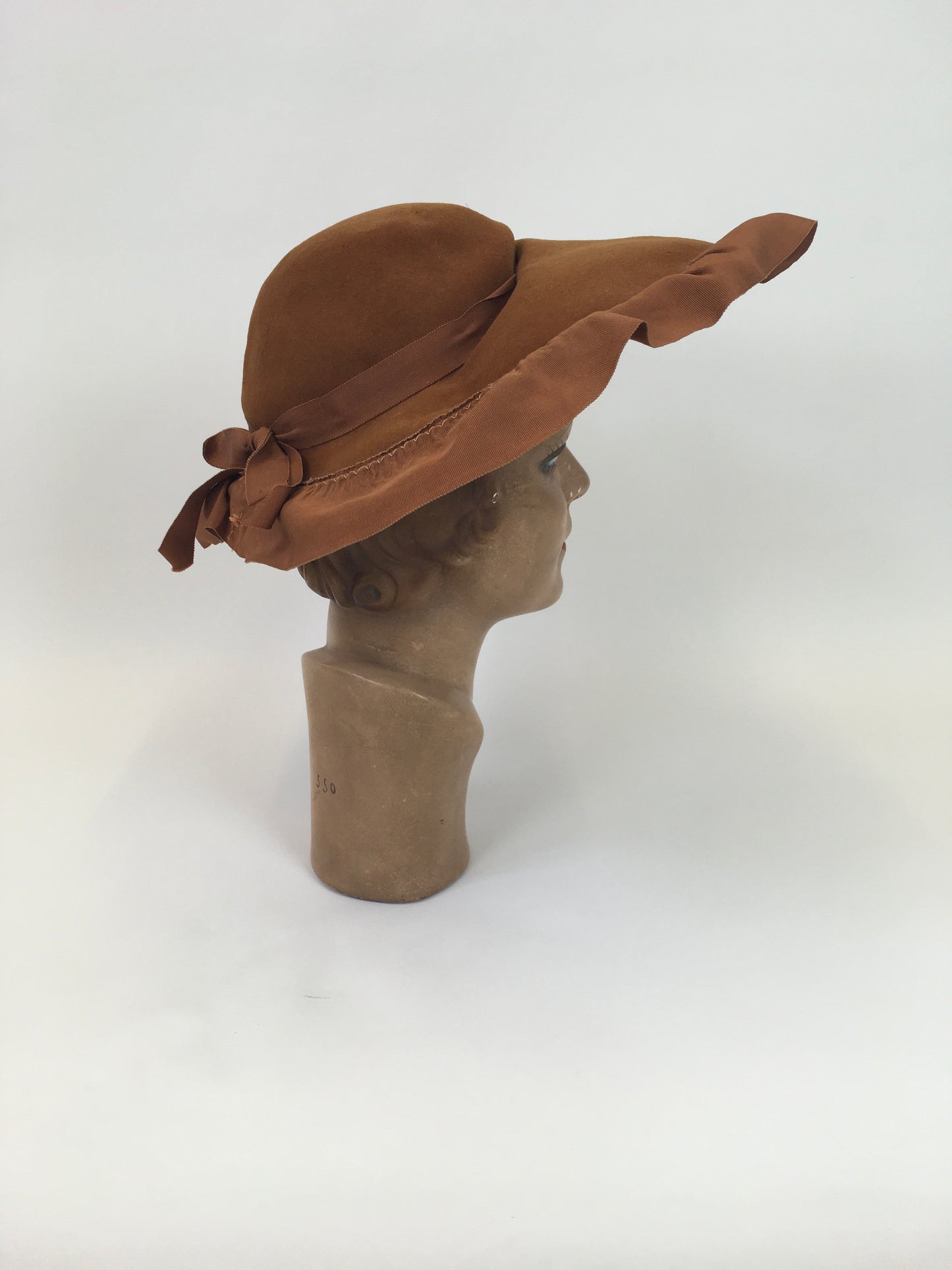 Original 1940's Sensational Brimmed Hat - In Warm Cinnamon With a Ruffled Trim
