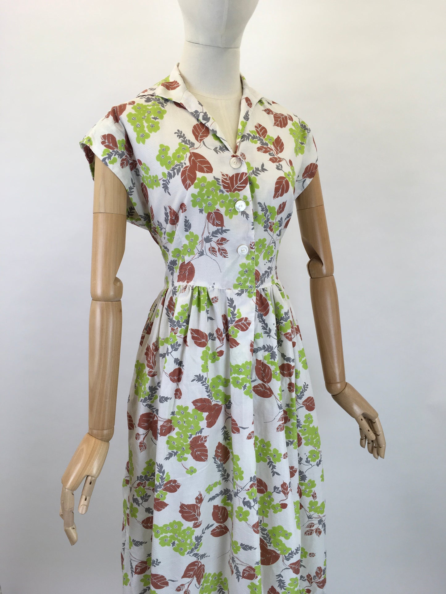 Original 1950s Crisp Cotton Day Dress - In Autumnal Shades of Warm Browns, Soft Greys and Bright Olive Green