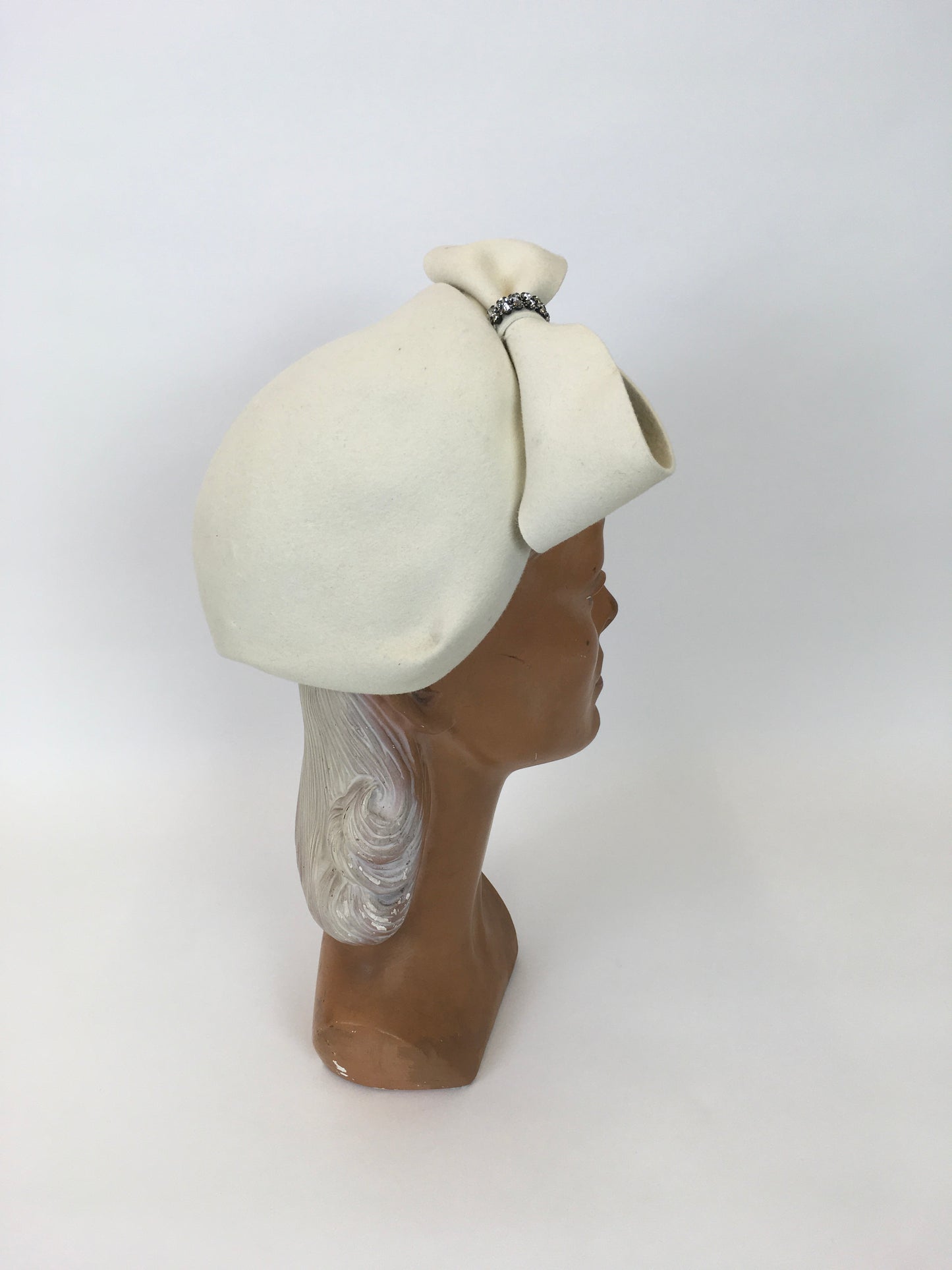 Original 1959’s Ivory Felt Hat - With Diamanté Paste Embellishment to The Big Bow Front