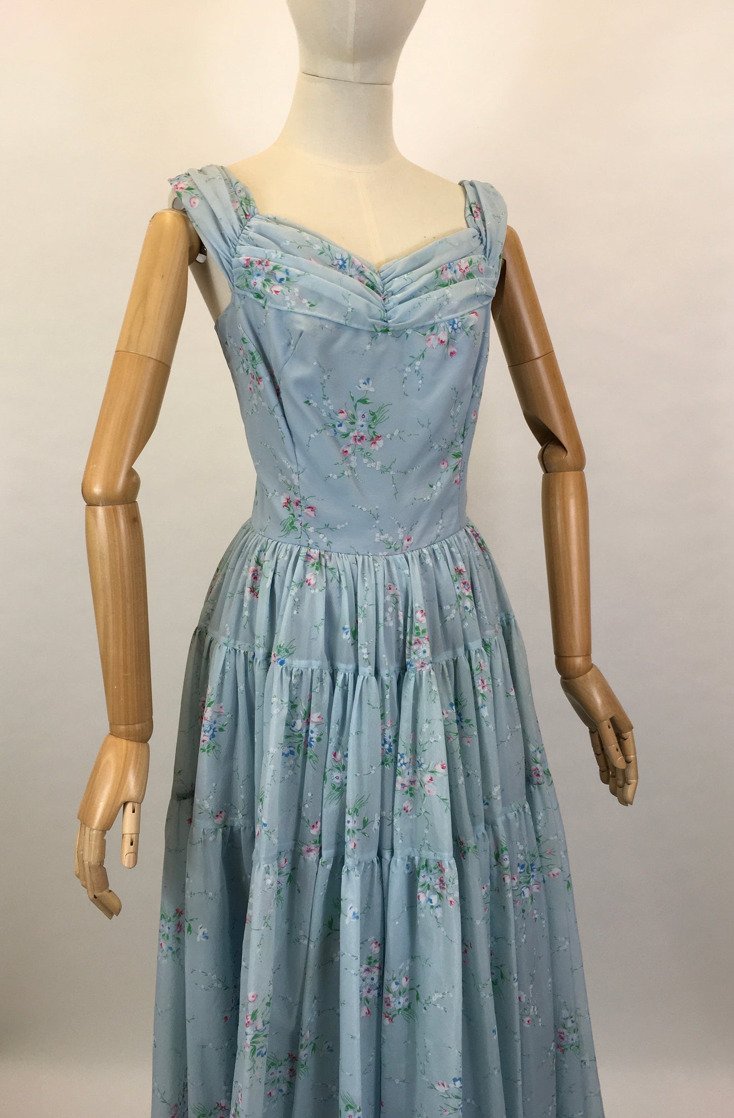 Original 1950’s Darling Full Length Prom Dress - In A Lovely Powder Blue Floral Tulle.