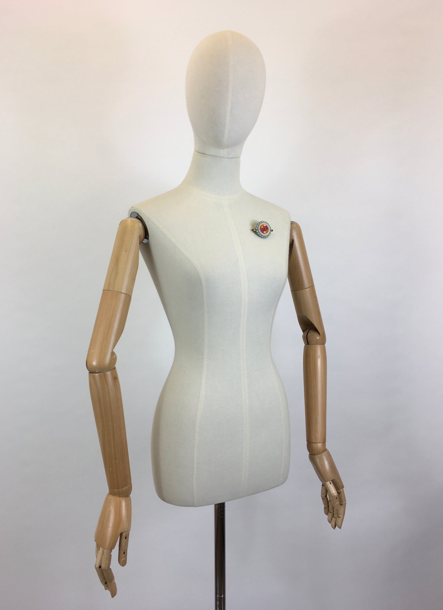 Original 1940’s Make Do and Mend Telephone Cord Brooch - In A Soft Blue & Cream with Red Floral Button