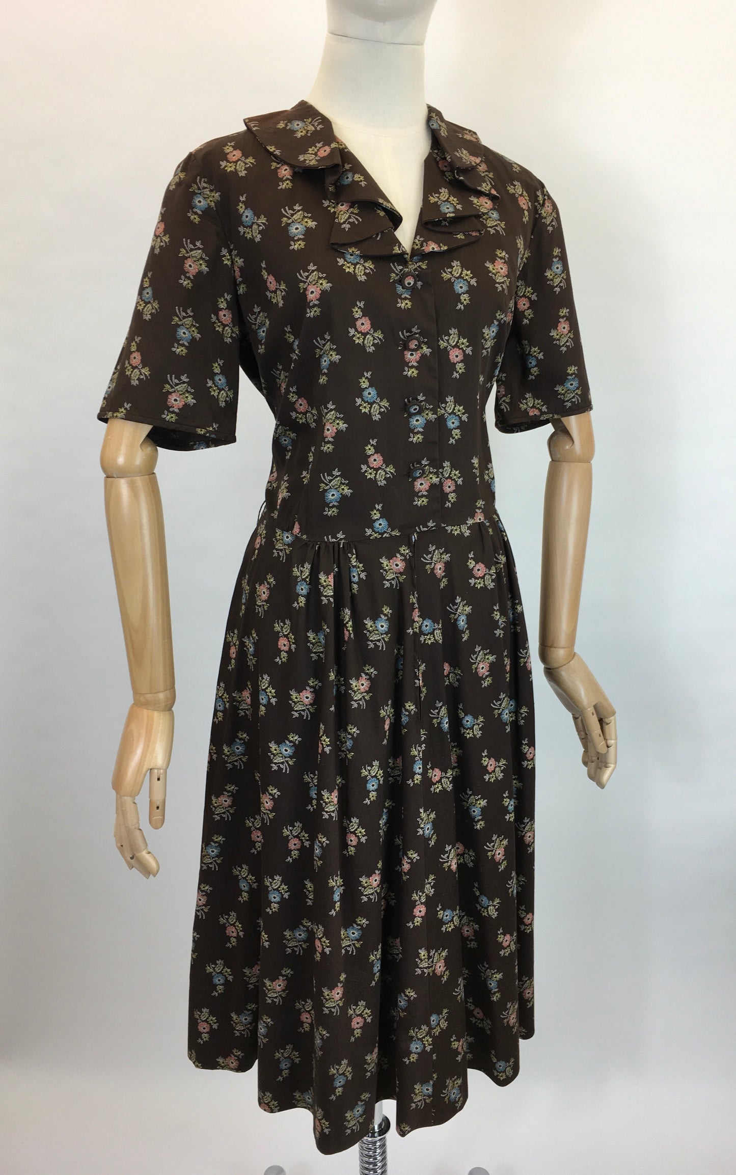 Original 1950’s Cute Floral Handmade Dress - Lovely Warm Brown, Terracotta, Blue and Greens