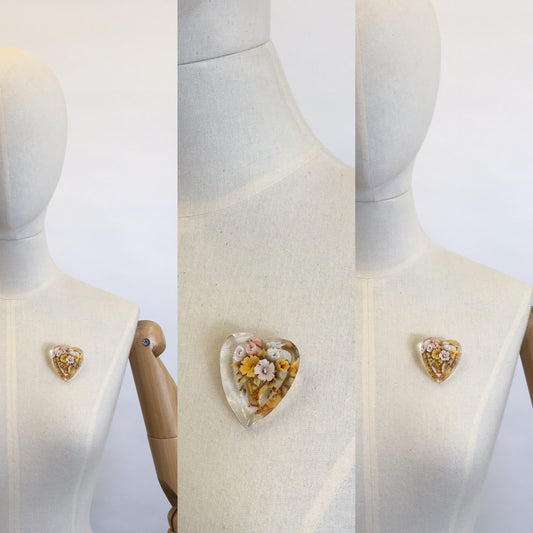 Original late 1940’s early 1950s Lucite Brooch - Heart shaped with a Floral Bouquet