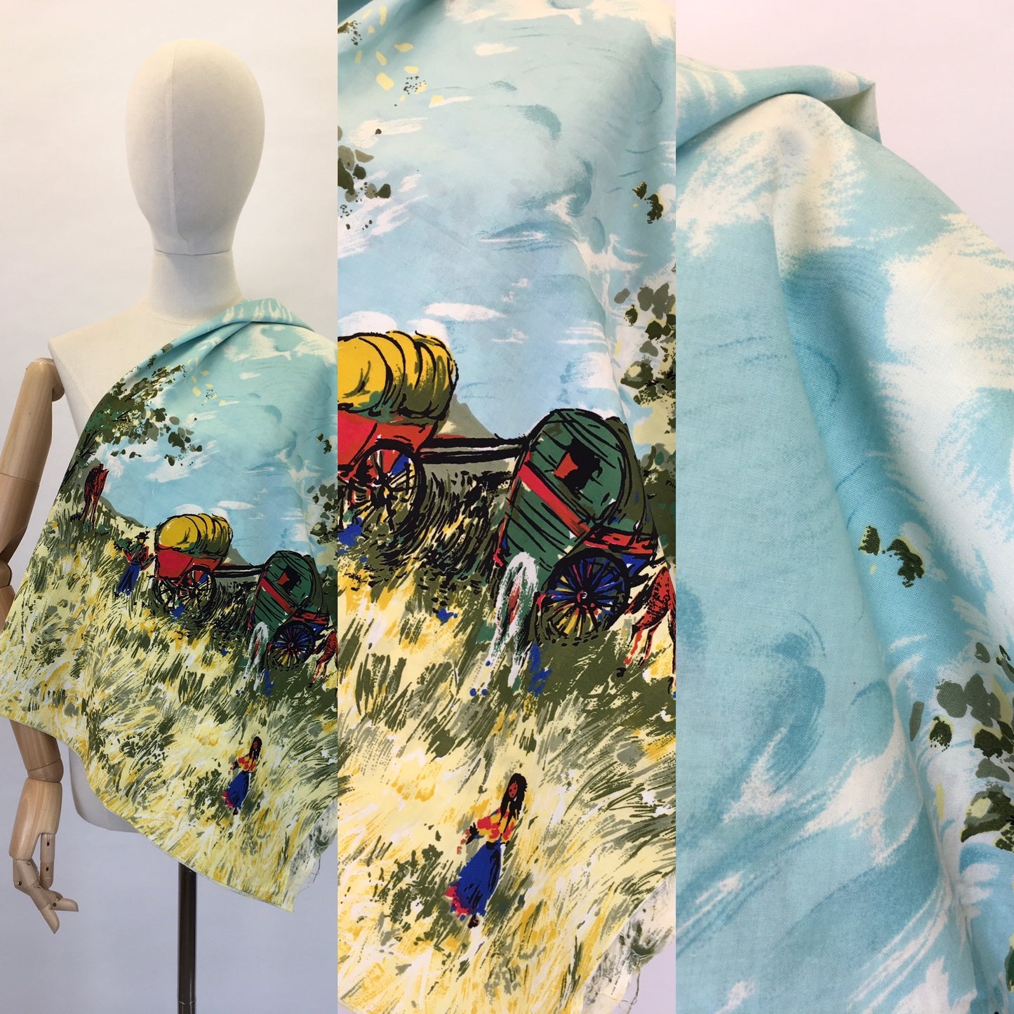 Original 1950s Novelty Cotton Fabric - Featuring Stagecoach’s, Horses, People and Landscape