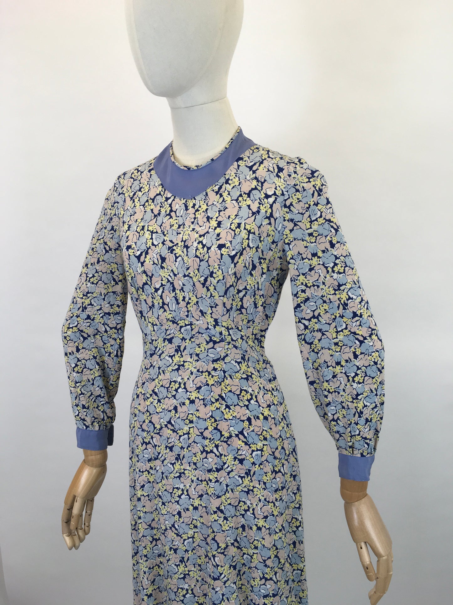 Original 1930’s Crepe Floral Day Dress - In A Pallet of Soft Pastels : Powdered Blue, Delicate Rose and Buttery Yellow