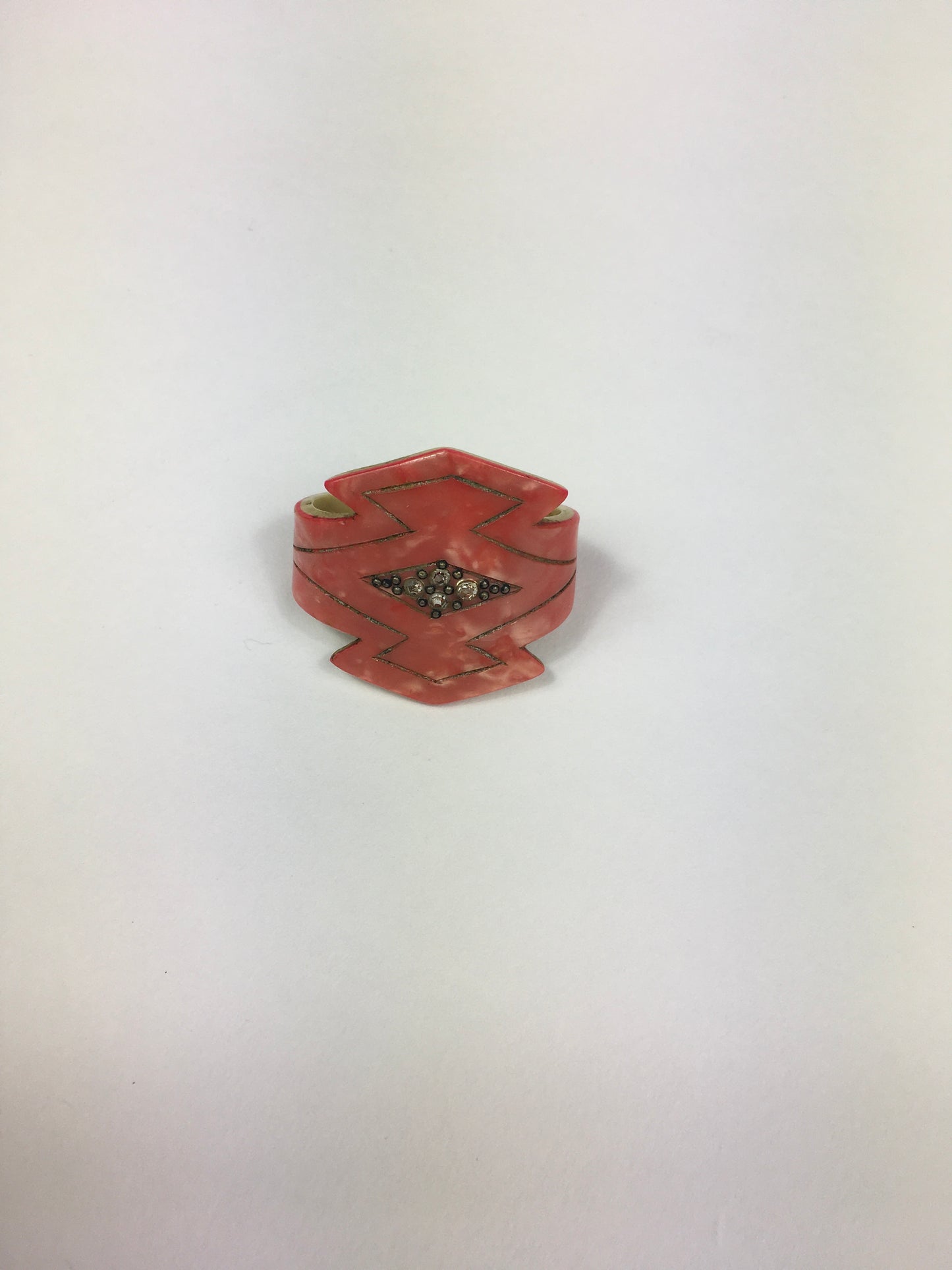 Original 1930’s Art Deco Celluloid Scarf Ring - In A Beautiful Coral Colouring With Paste Detailing