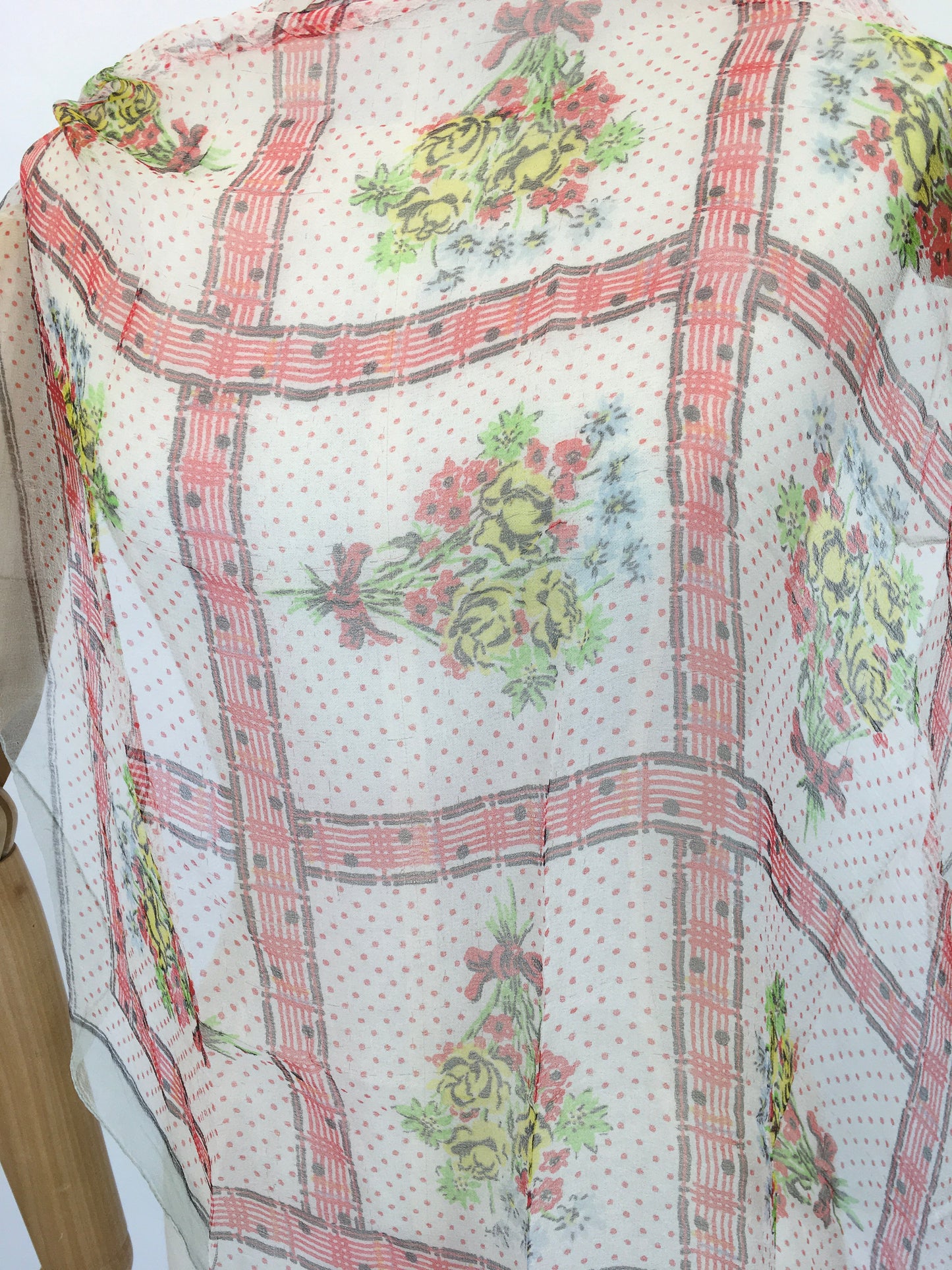 Original Early 1950’s Floral Chiffon Scarf - In Dainty Reds, Yellows, Greens and Blues