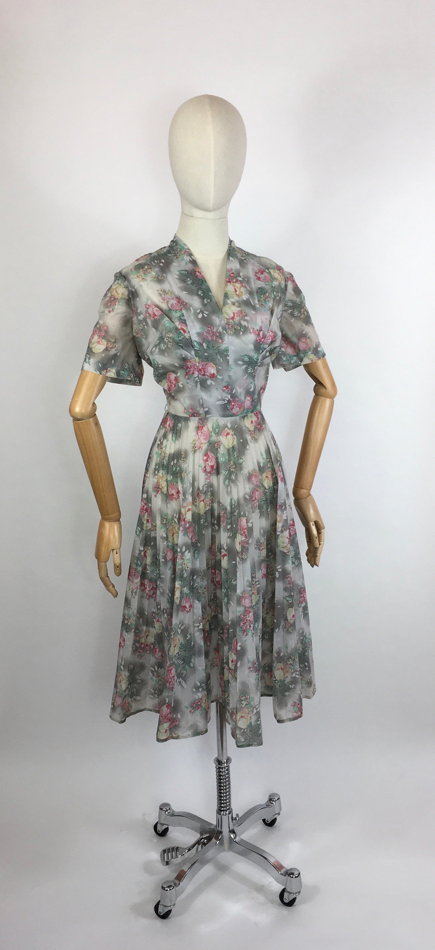 Original 1950s ‘ Eastex ‘ Floral Dress - In a Lovely Muted Colour Pallet of Soft Pinks, Muted Creams, Taupe and Greys