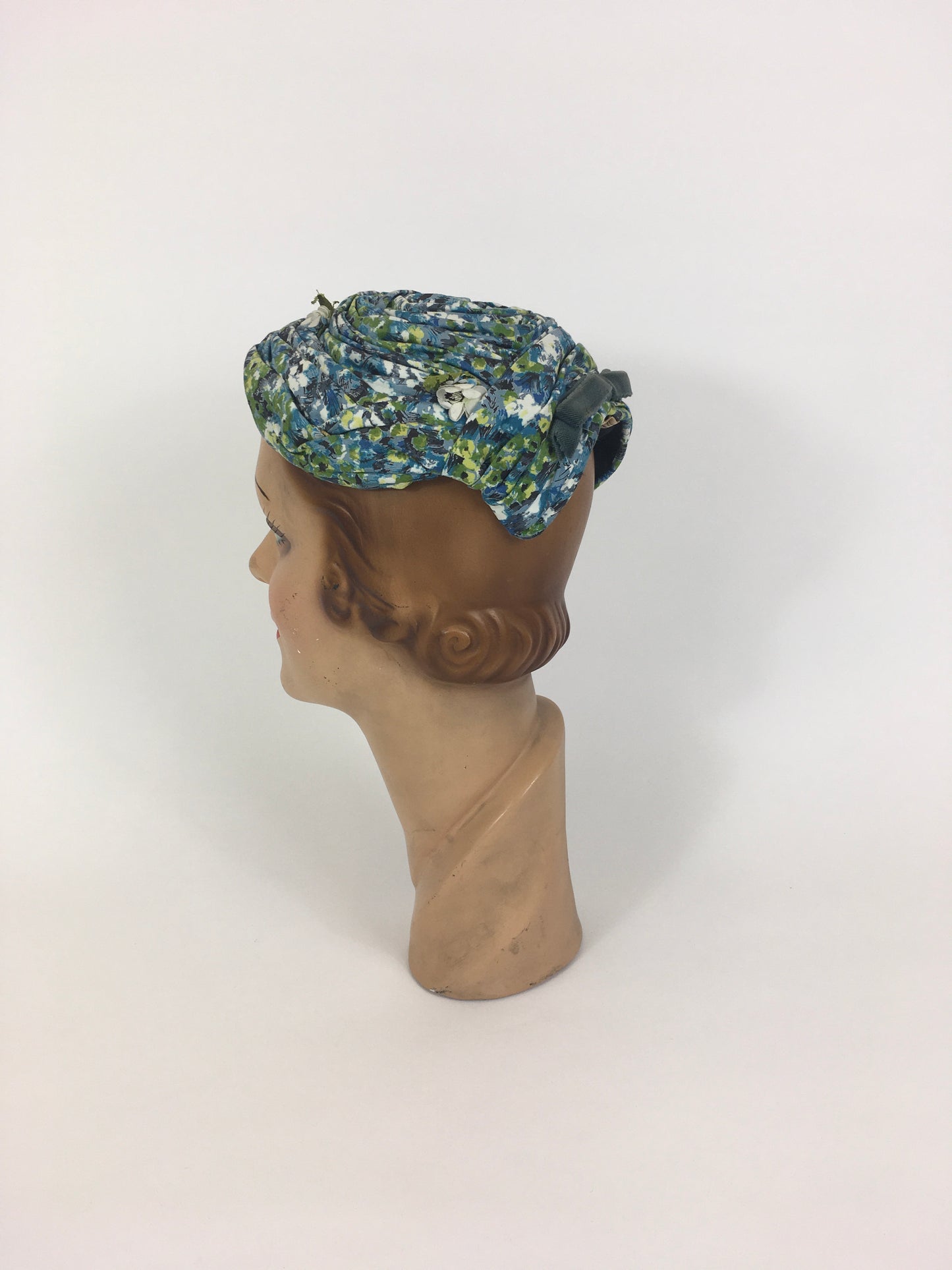 Original 1950’s Darling Floral Headpiece With Flora & Velvet Trim - In Blues, Greens & Ivory