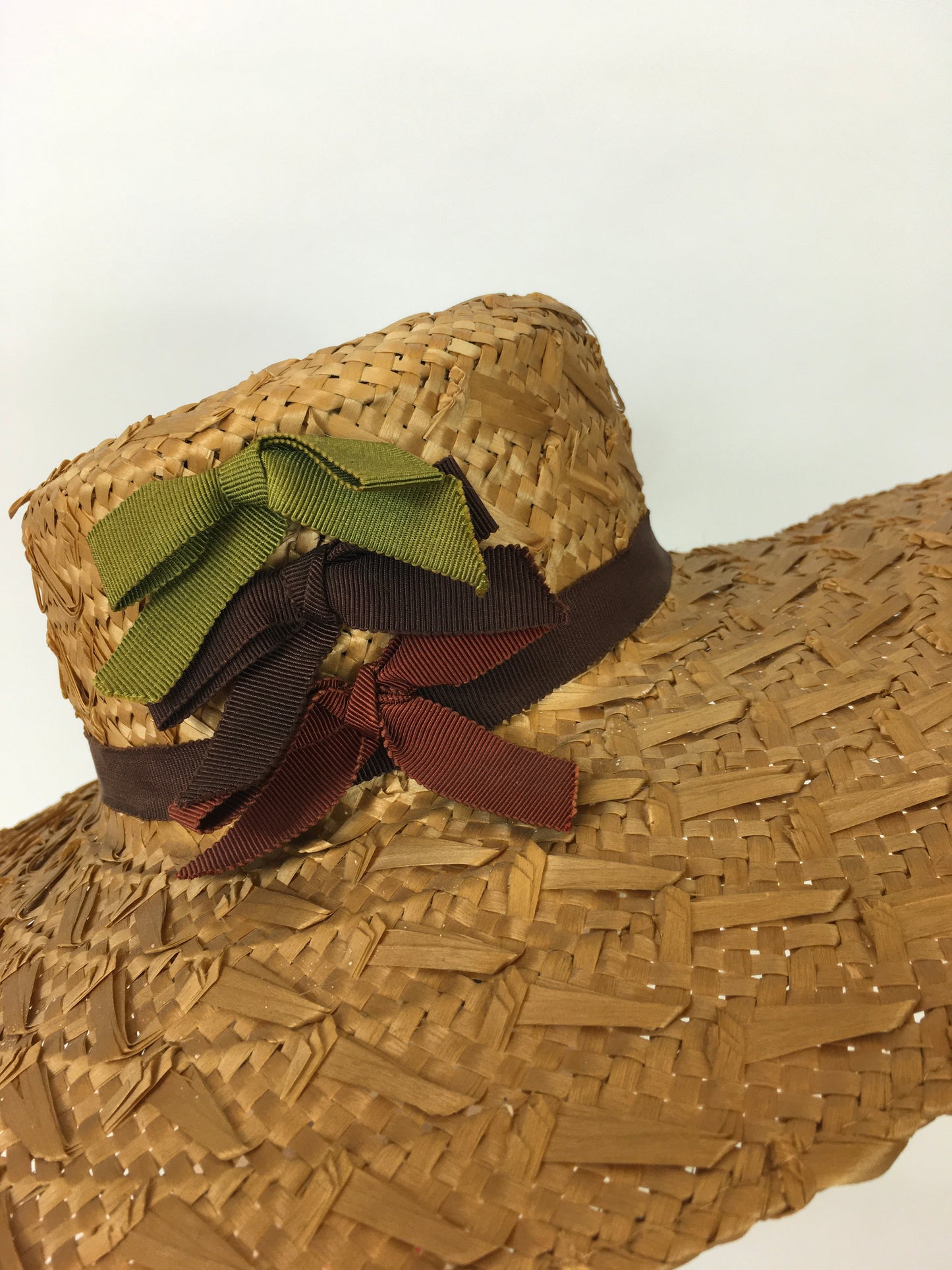 Original 1940’s Straw Hat With Grosgrain Ribbon - In Warm Browns, Grassy Greens and Maroons