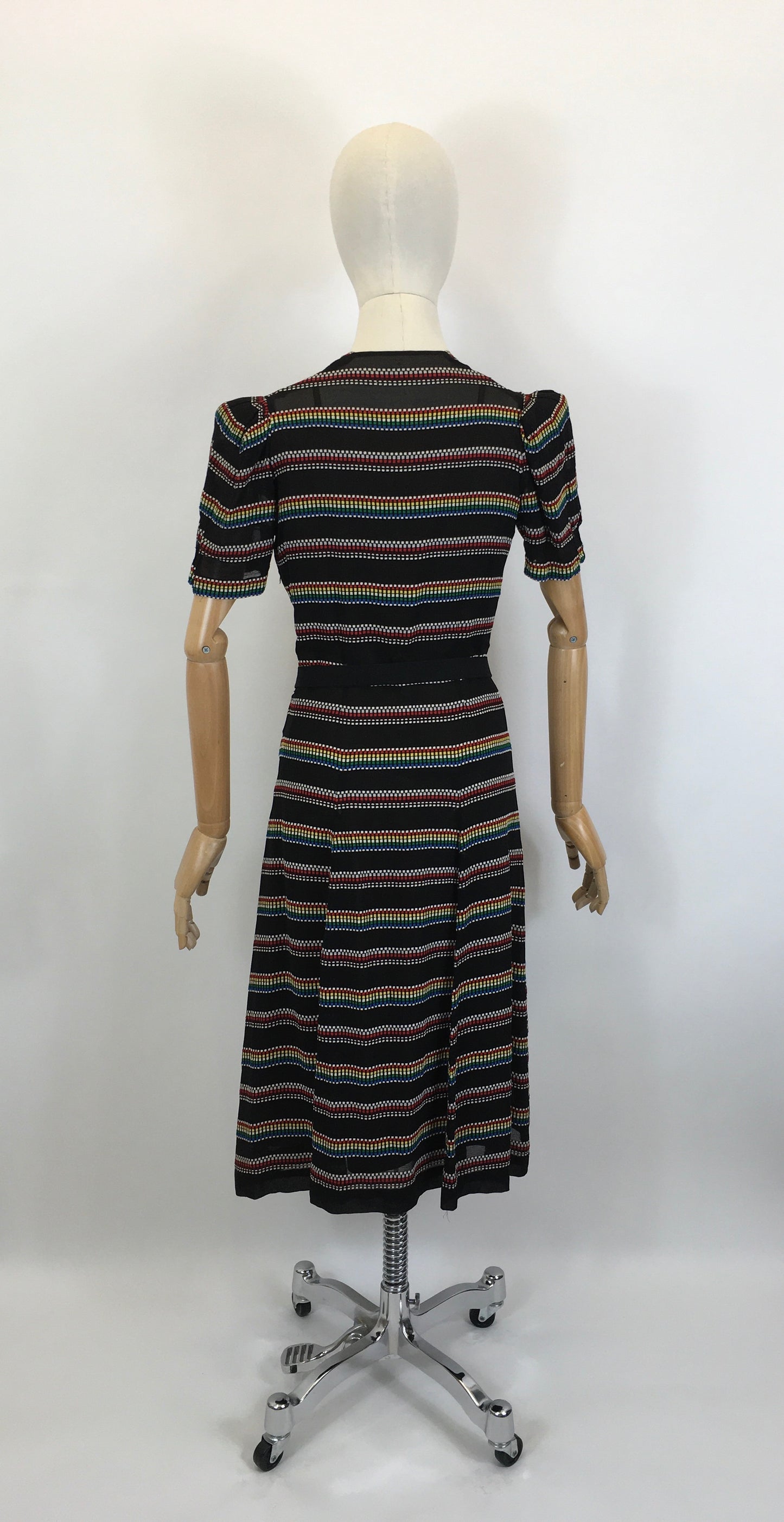 Original 1930’s Stunning Dress in a Sheer Crepe - With A Multicoloured Embroidered Weave